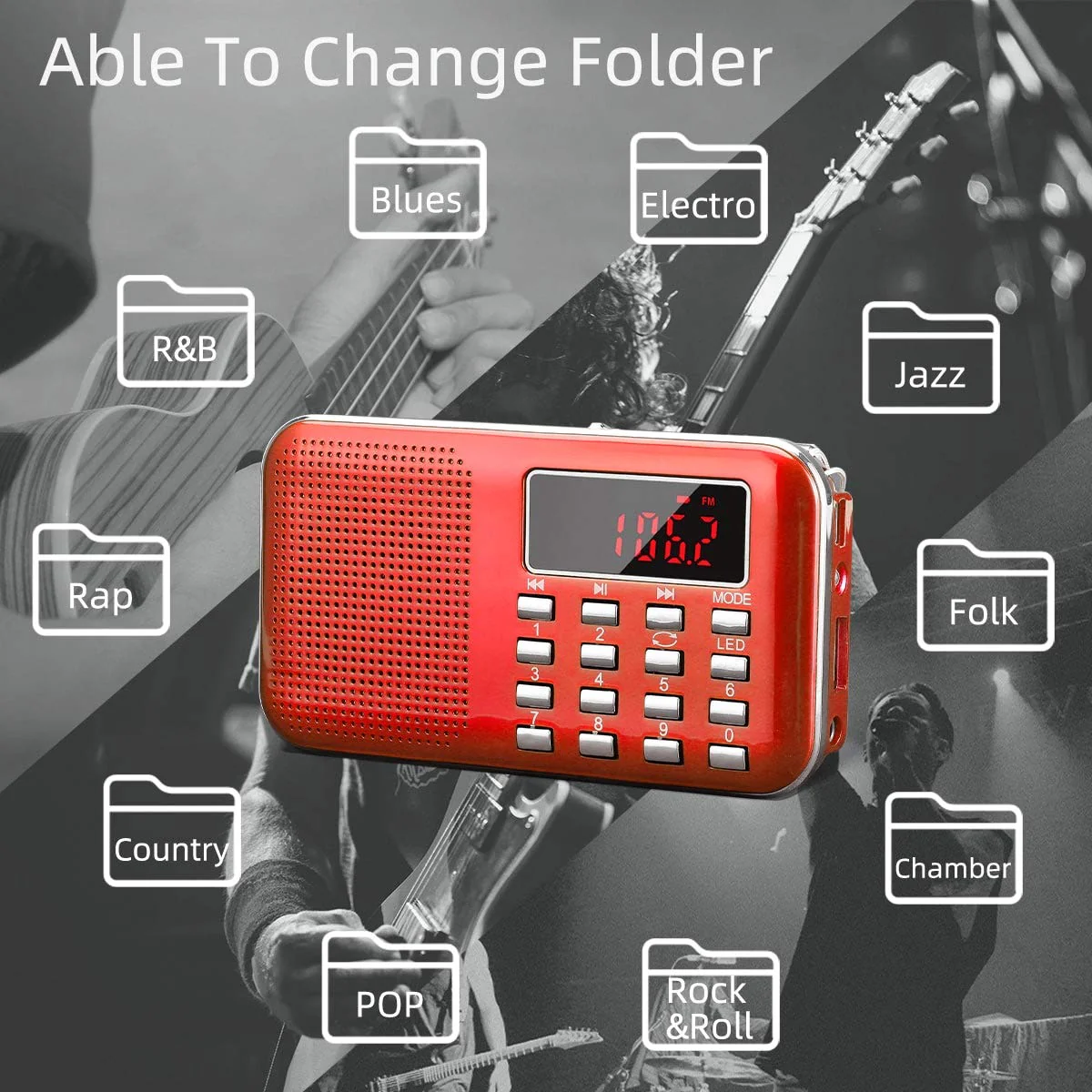 PRUNUS Mini Portable Radio AM FM Pocket Radio with MP3, LED Flashlight, Digital Radios Speaker Support Micro SD/TF Card/USB, Auto Scan Save, 1200mAh Rechargeable Battery Operated[Latest Version] Red - Image 7
