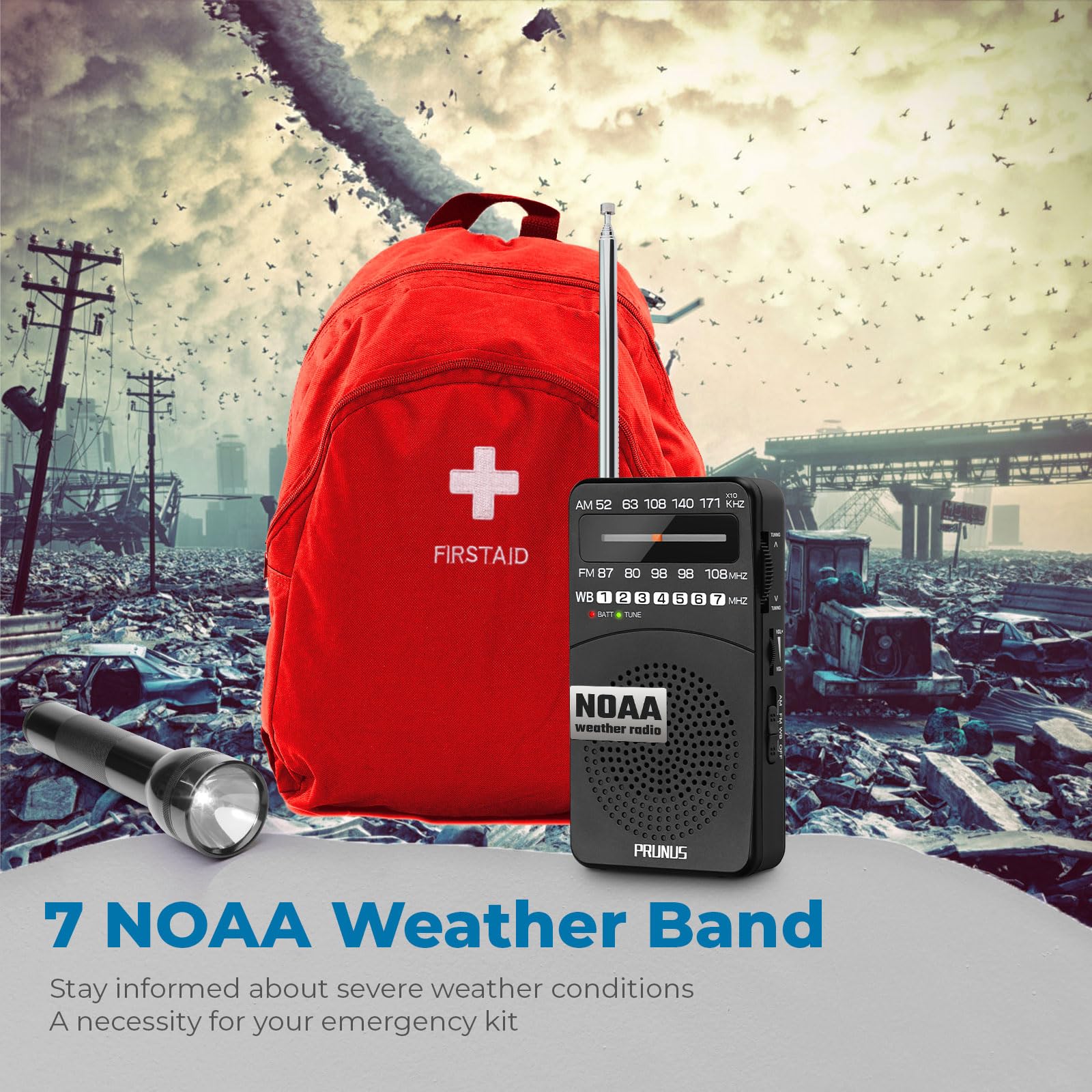 PRUNUS NOAA Weather Radio AM FM, Battery Powered Radio by AA, Transistor Radio, Earphone Jack, Portable Radio AM FM WB for Emergency, Hurricane, Floods, snowstorms - Image 2