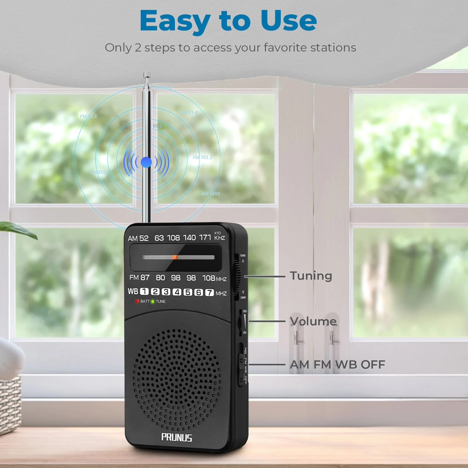 PRUNUS NOAA Weather Radio AM FM, Battery Powered Radio by AA, Transistor Radio, Earphone Jack, Portable Radio AM FM WB for Emergency, Hurricane, Floods, snowstorms - Image 5