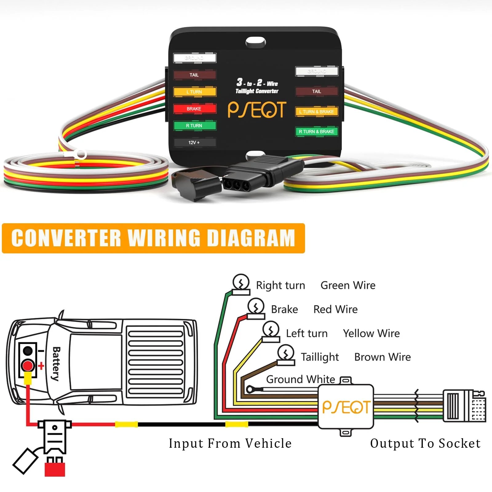 PSEQT 3-to-2-Wire Splice-in Trailer Tail Light Converter with 4-Pin Flat Plug Wiring Harness Waterproof for Tail Side Clearance Brake Stop Turn Signal Lights, Used in Trailer Truck Van RV ATV, 1Pcs - Image 3