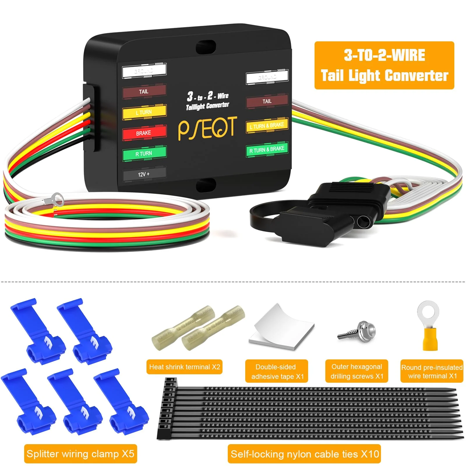 PSEQT 3-to-2-Wire Splice-in Trailer Tail Light Converter with 4-Pin Flat Plug Wiring Harness Waterproof for Tail Side Clearance Brake Stop Turn Signal Lights, Used in Trailer Truck Van RV ATV, 1Pcs - Image 6