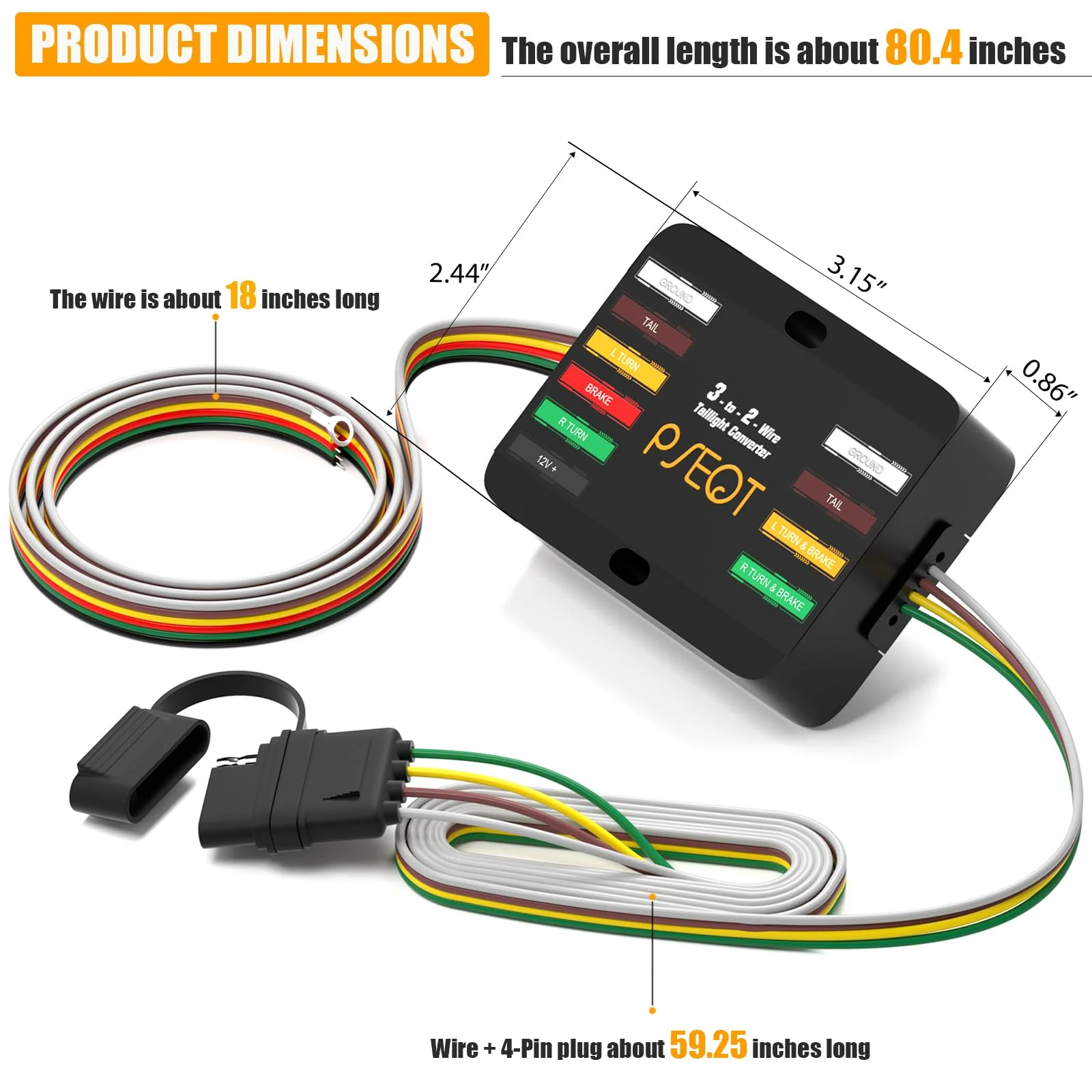 PSEQT 3-to-2-Wire Splice-in Trailer Tail Light Converter with 4-Pin Flat Plug Wiring Harness Waterproof for Tail Side Clearance Brake Stop Turn Signal Lights, Used in Trailer Truck Van RV ATV, 1Pcs - Image 7