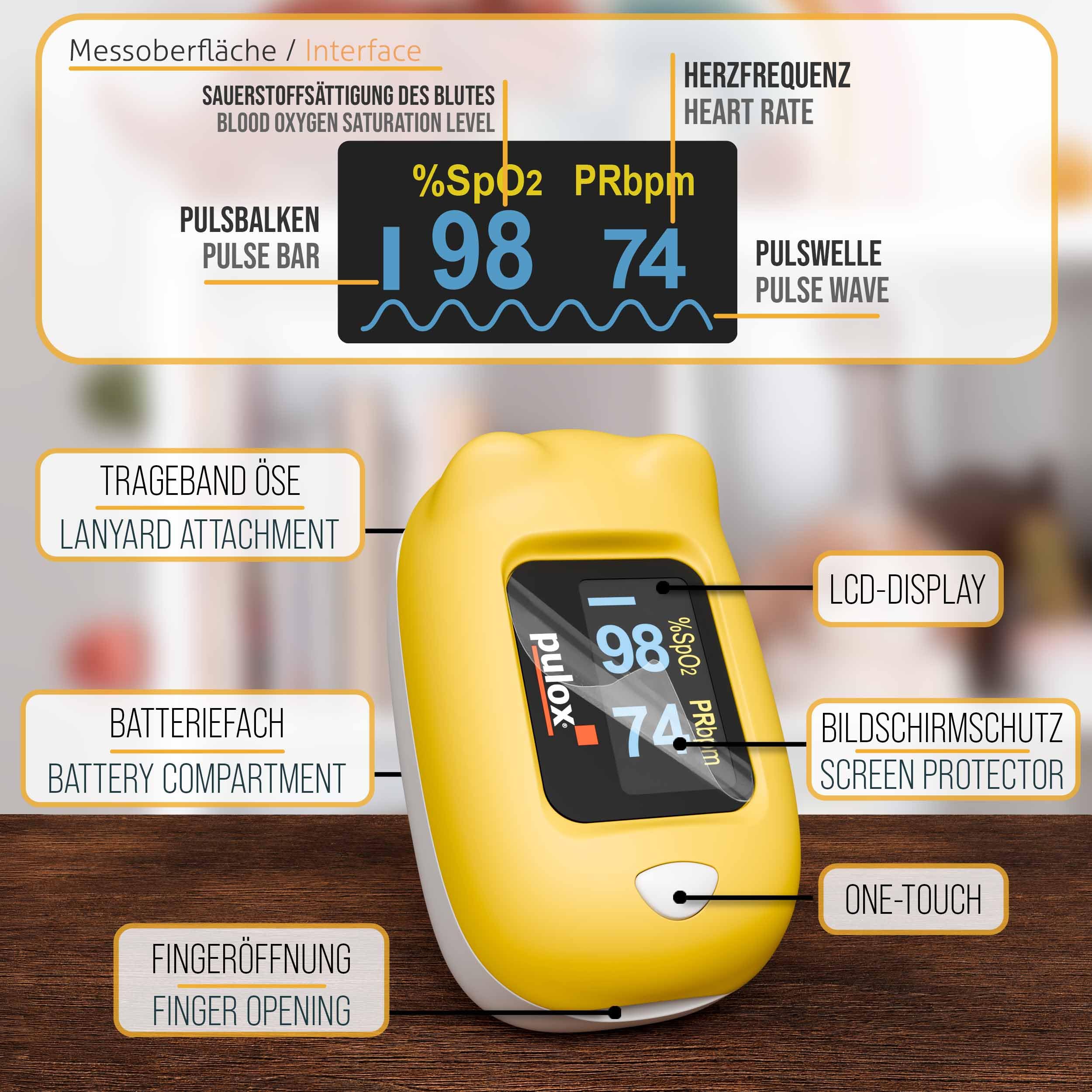 Pulox PO-230 Finger Pulse Oximeter for Children in Yellow, Measurement of SpO2 and Pulse in Seconds - with Stickers to Stick Yourself - Image 2