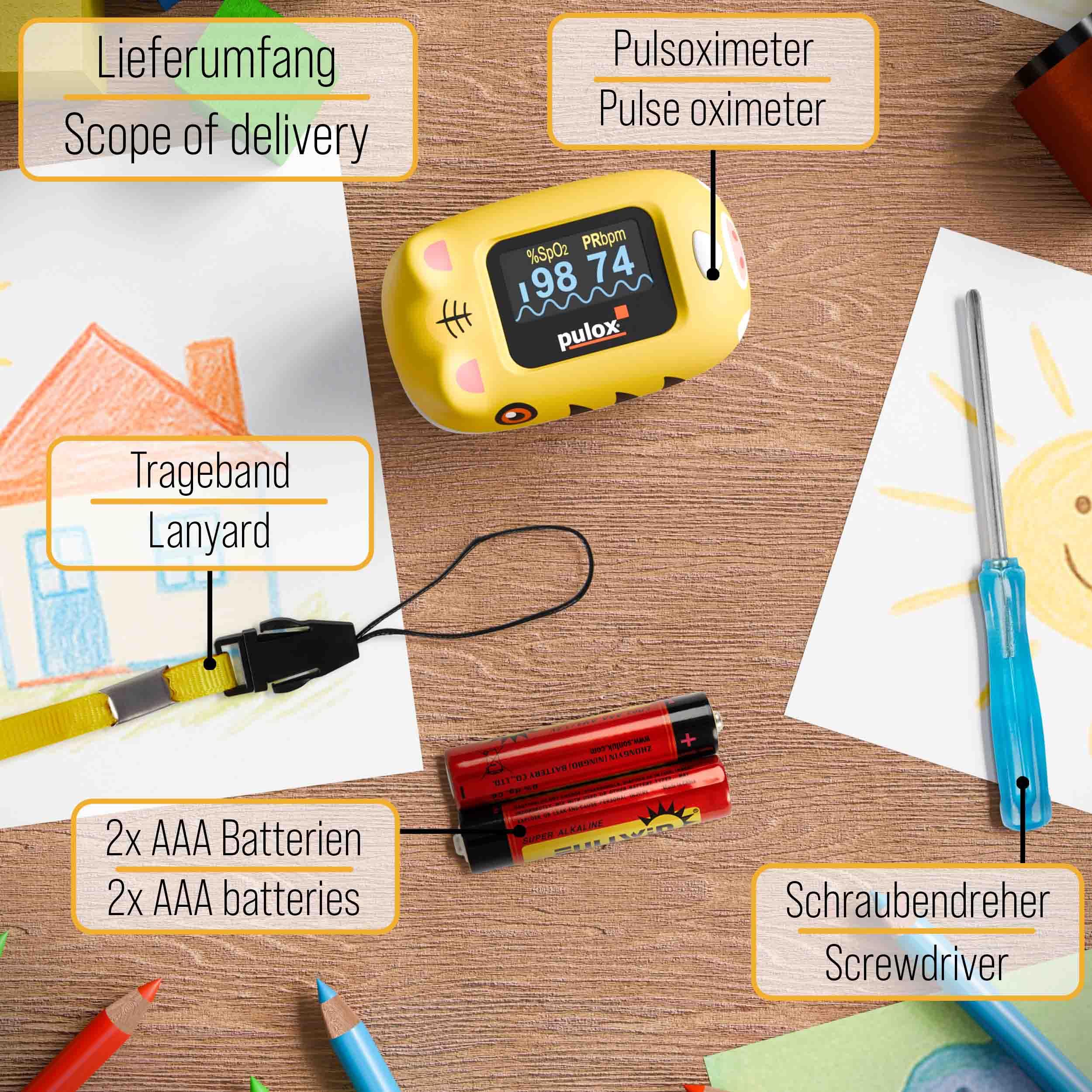 Pulox PO-230 Finger Pulse Oximeter for Children in Yellow, Measurement of SpO2 and Pulse in Seconds - with Stickers to Stick Yourself - Image 6