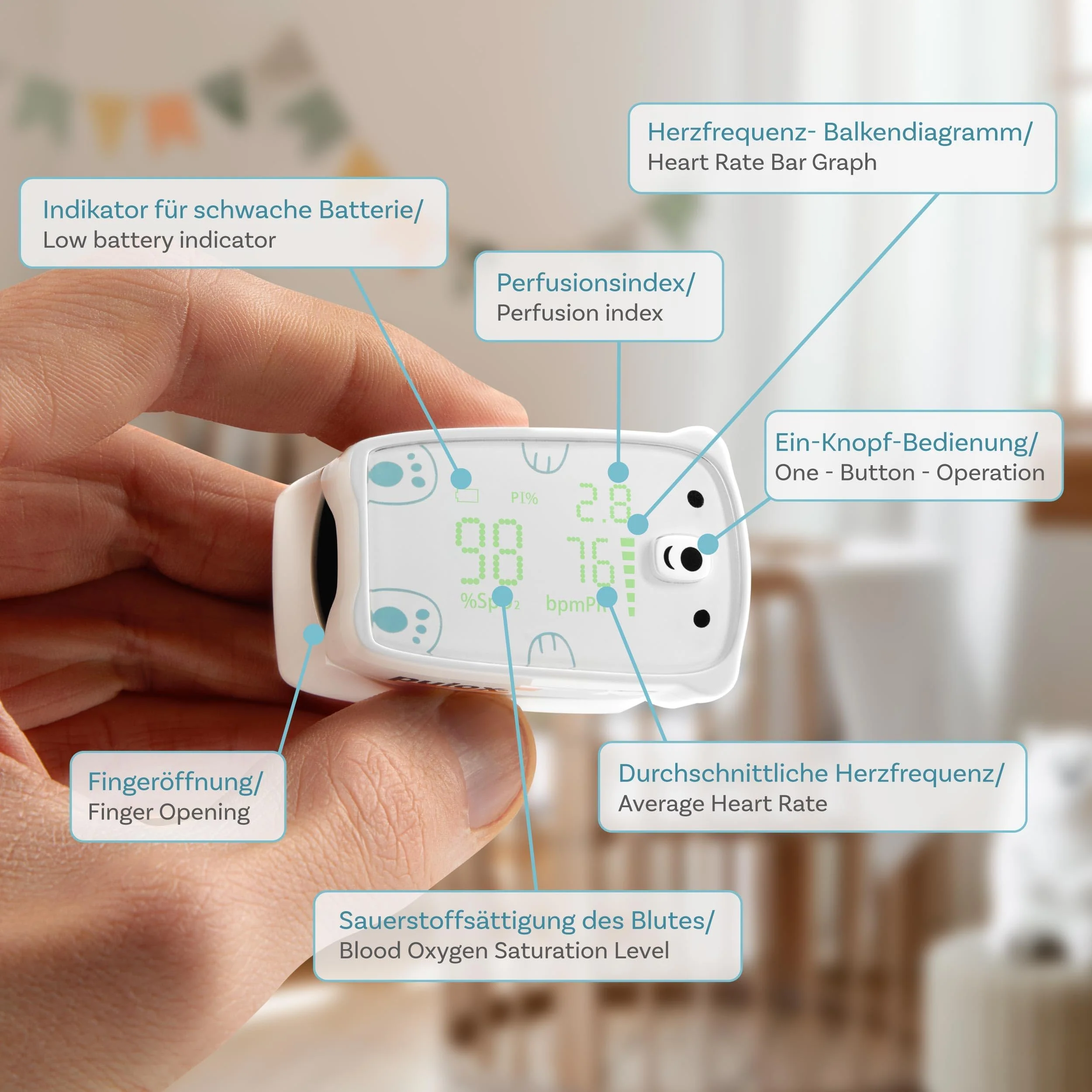 Pulox PO-235 Pulse Oximeter for Children for Measuring Oxygen Saturation, Pulse Rate and PI - with Alarm Function - Image 2