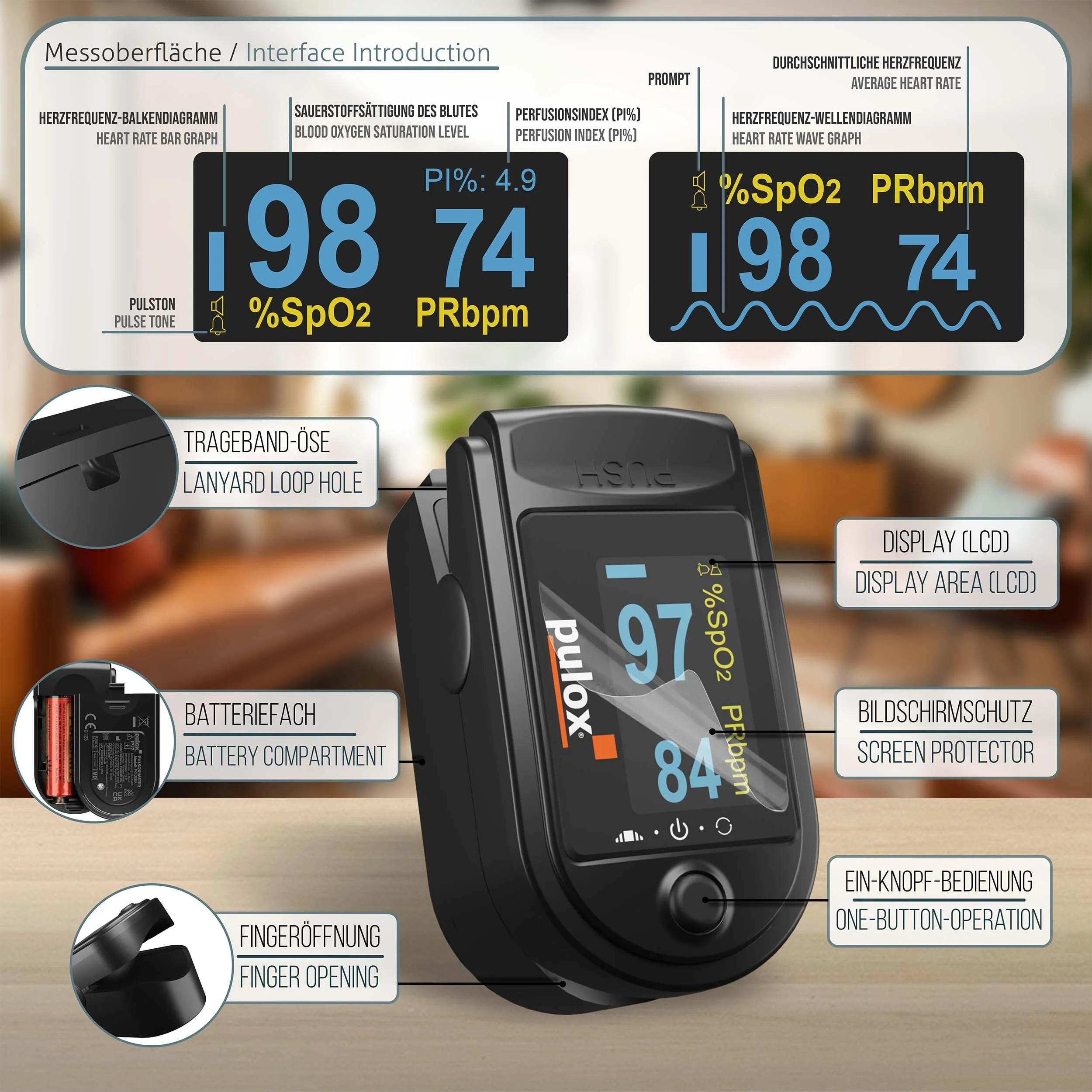 Pulse oximeter PULOX PO-200A with switchable alarm function and pulse tone incl. Accessories *Colour selection possible, black - Image 2