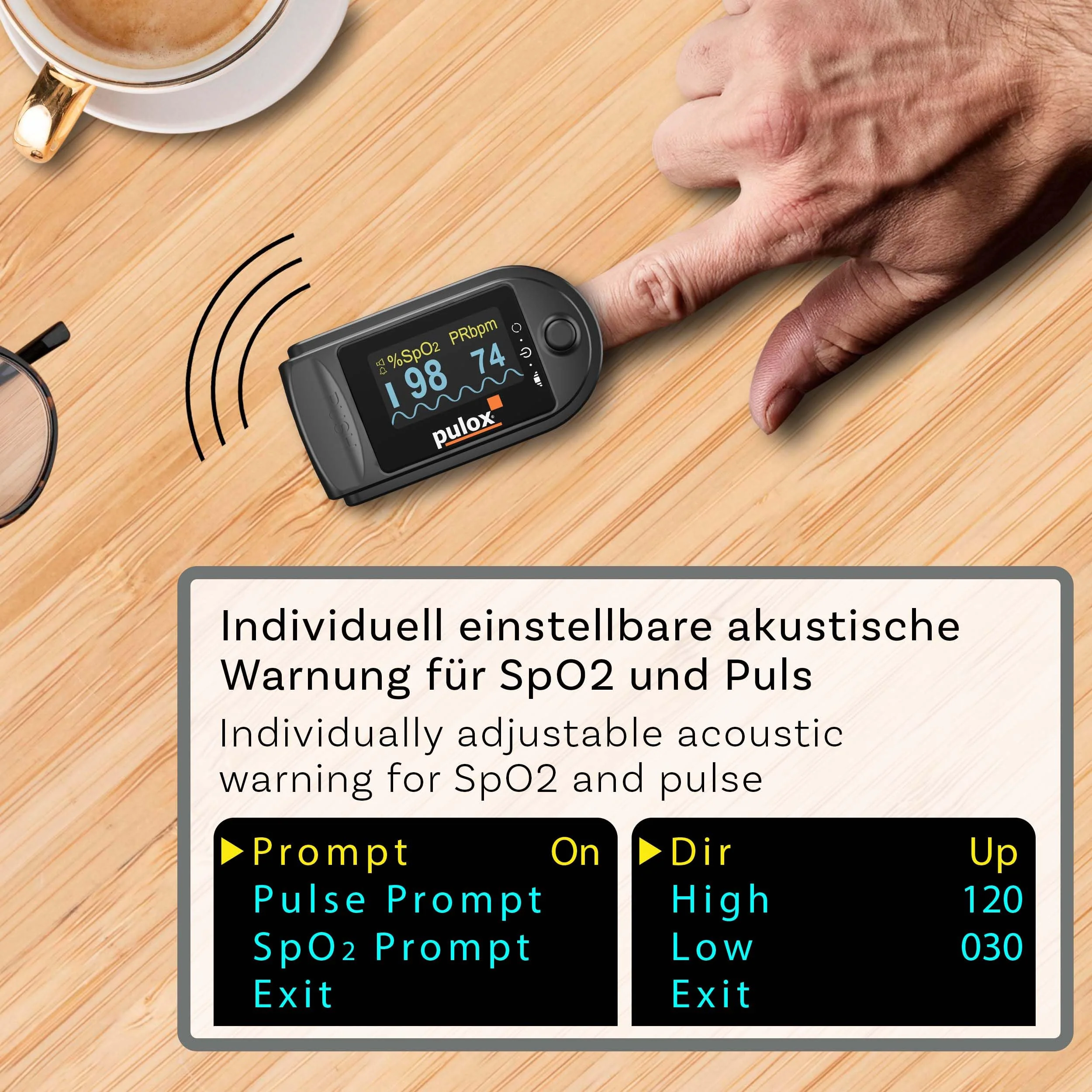 Pulse oximeter PULOX PO-200A with switchable alarm function and pulse tone incl. Accessories *Colour selection possible, black - Image 3