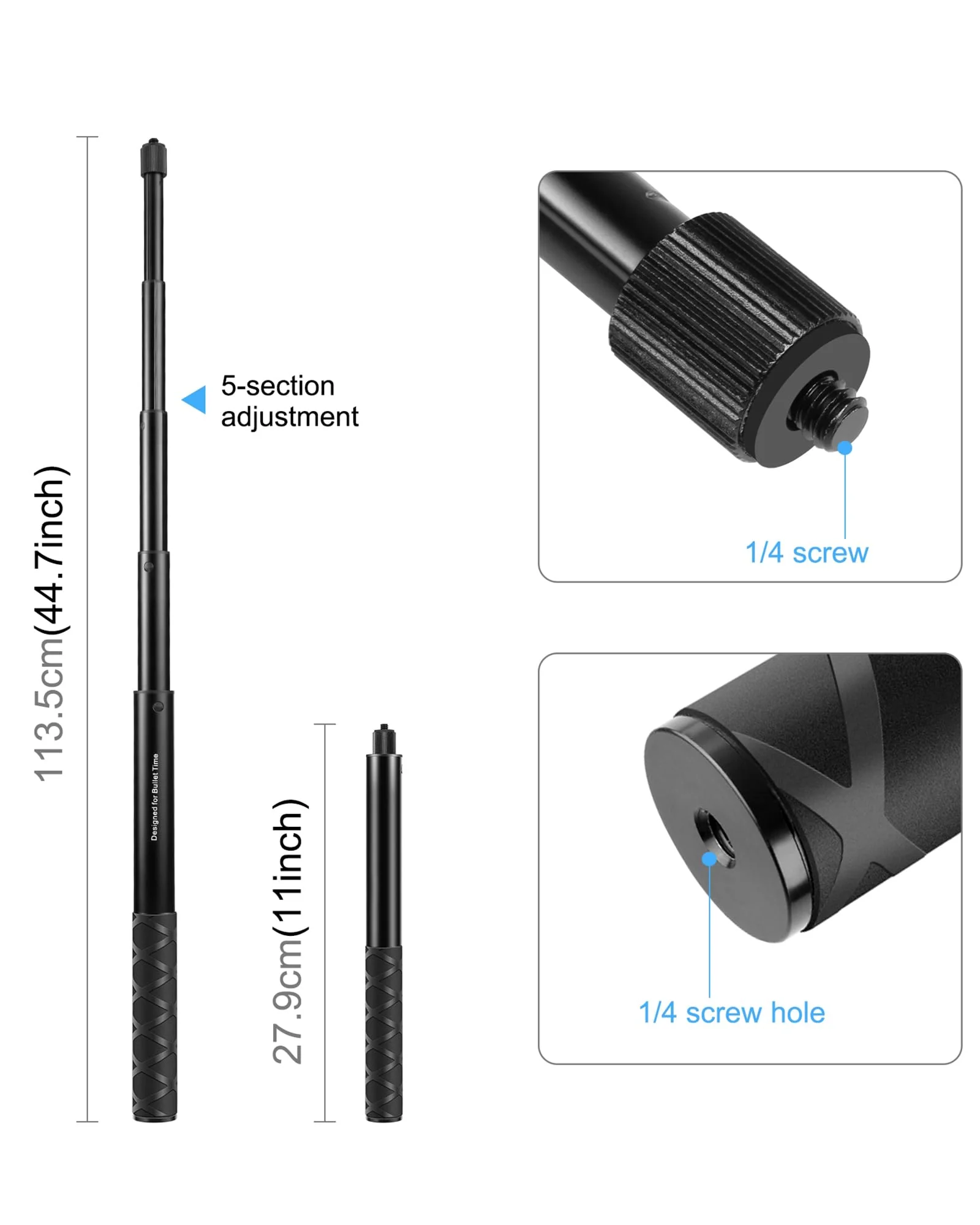 PULUZ Third Person Perspective Motorcycle Bike Handlebar Mount Selfie Stick Pole for Gopro, Insta360 X4 X3, Action Camera Clamp Monopod Stand 11-44.7 inch - Image 5