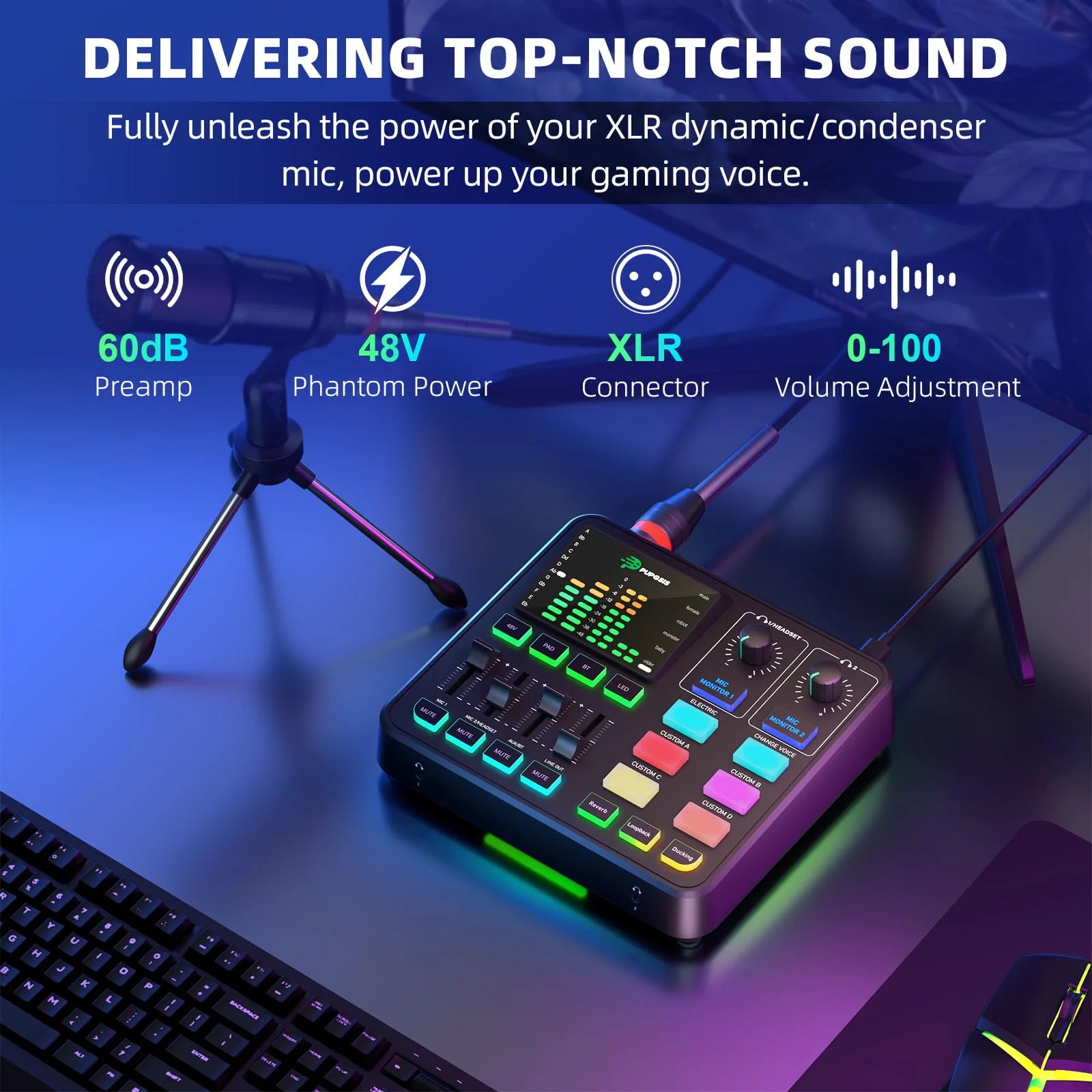 PUPGSIS Gaming Audio Mixer, Audio Interface for PC/Podcast/Streaming, Sound Board with 3.5mm/XLR Mic Input, 48V Phantom Power, Voice Changer, Live Sound Card with DJ Mixer Effects/Bluetooth/4 Channel Black - Image 2