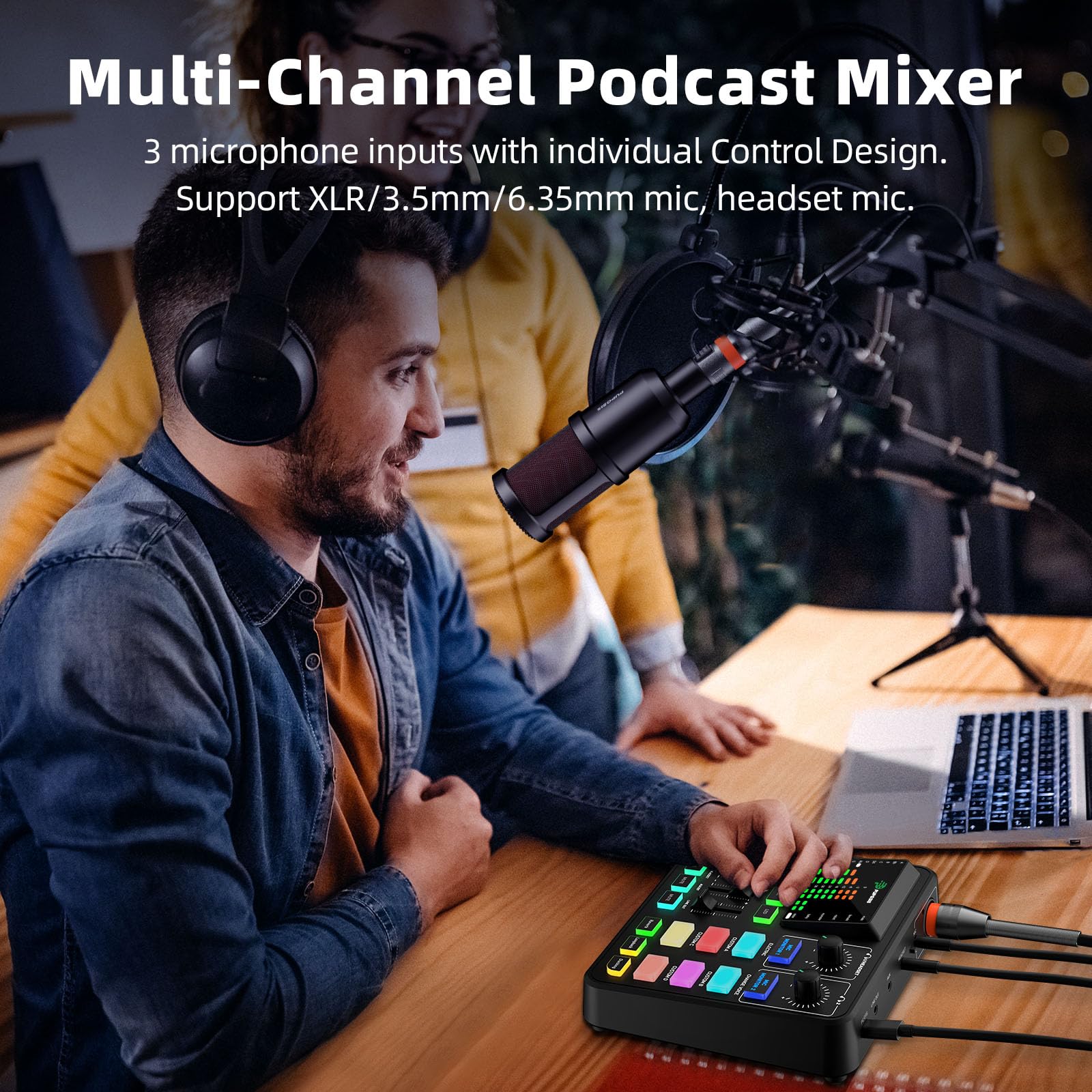 PUPGSIS Gaming Audio Mixer, Audio Interface for PC/Podcast/Streaming, Sound Board with 3.5mm/XLR Mic Input, 48V Phantom Power, Voice Changer, Live Sound Card with DJ Mixer Effects/Bluetooth/4 Channel Black - Image 3