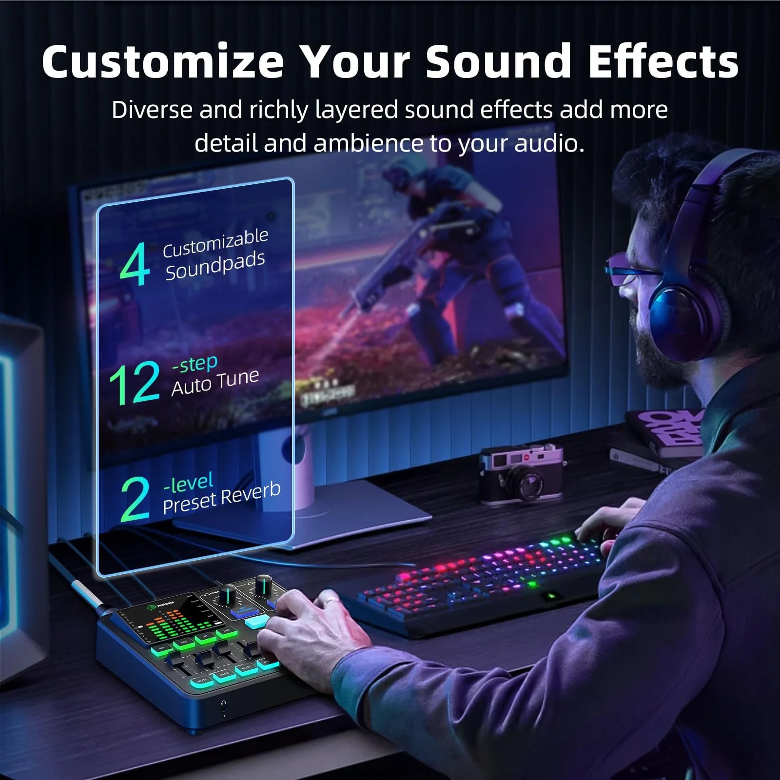 PUPGSIS Gaming Audio Mixer, Audio Interface for PC/Podcast/Streaming, Sound Board with 3.5mm/XLR Mic Input, 48V Phantom Power, Voice Changer, Live Sound Card with DJ Mixer Effects/Bluetooth/4 Channel Black - Image 4