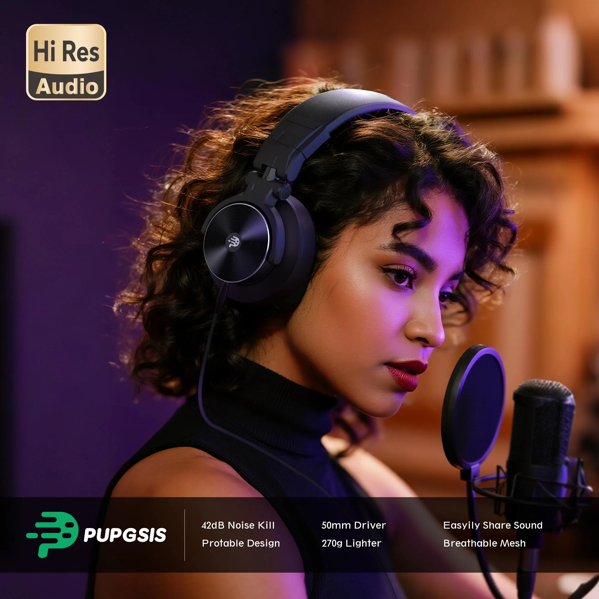 PUPGSIS Wired Over Ear Headphones: Studio Monitor Headphones - Professional 40kHz Hi-Res DJ Stereo Headphones - 1/4 to 3.5mm Audio Jack for Recording/Mixing/Podcast/Guitar/Piano Black - Image 2