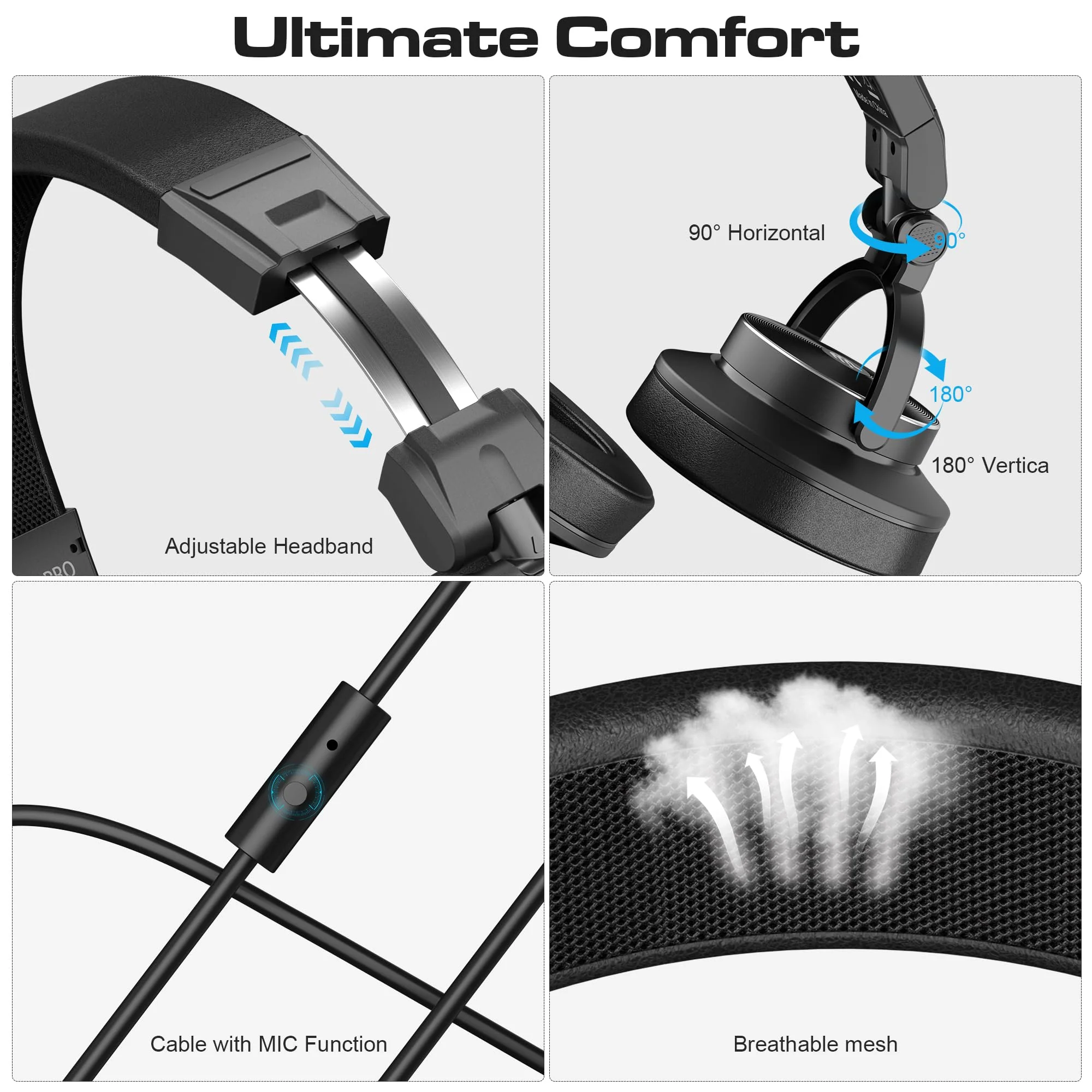 PUPGSIS Wired Over Ear Headphones: Studio Monitor Headphones - Professional 40kHz Hi-Res DJ Stereo Headphones - 1/4 to 3.5mm Audio Jack for Recording/Mixing/Podcast/Guitar/Piano Black - Image 6