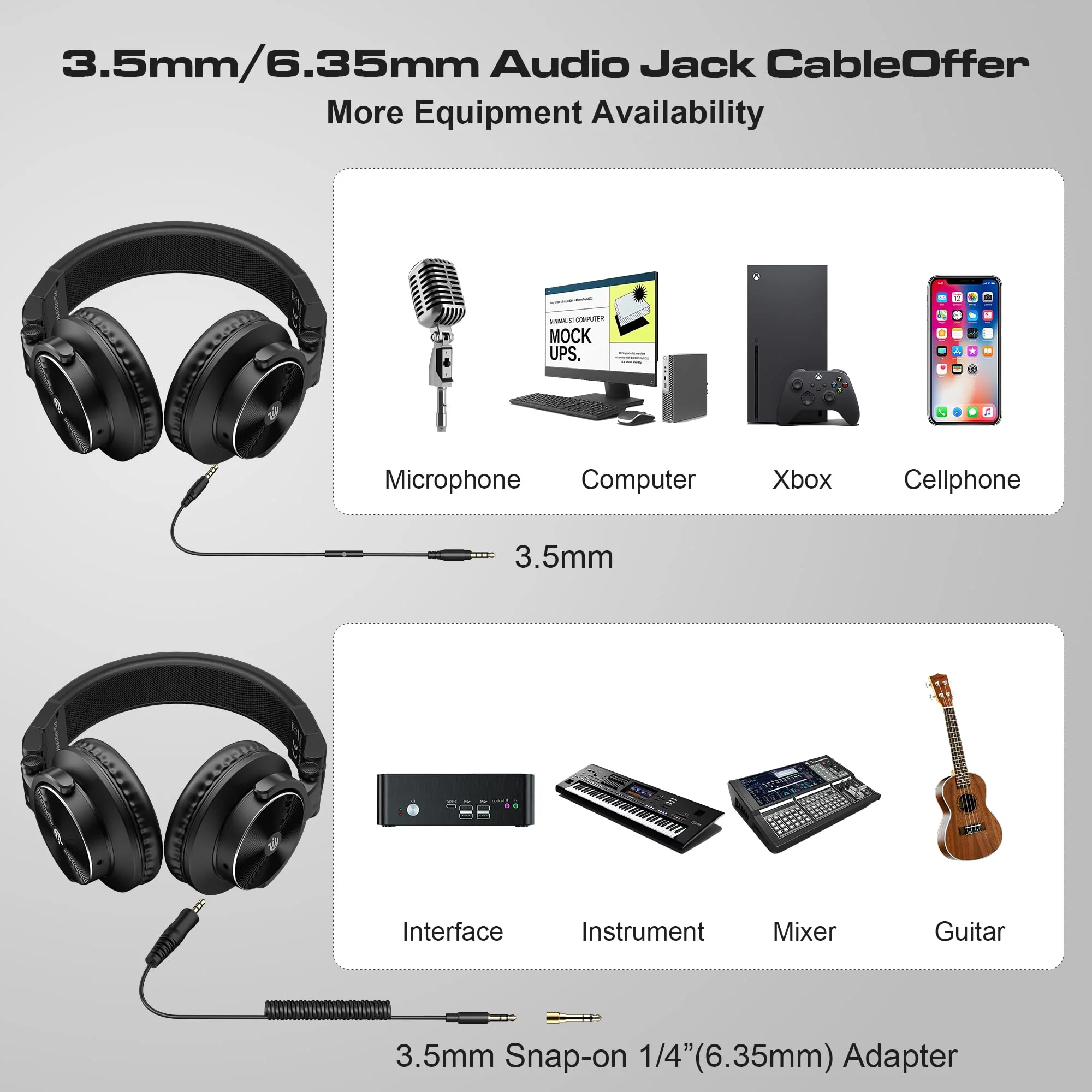 PUPGSIS Wired Over Ear Headphones: Studio Monitor Headphones - Professional 40kHz Hi-Res DJ Stereo Headphones - 1/4 to 3.5mm Audio Jack for Recording/Mixing/Podcast/Guitar/Piano Black - Image 7