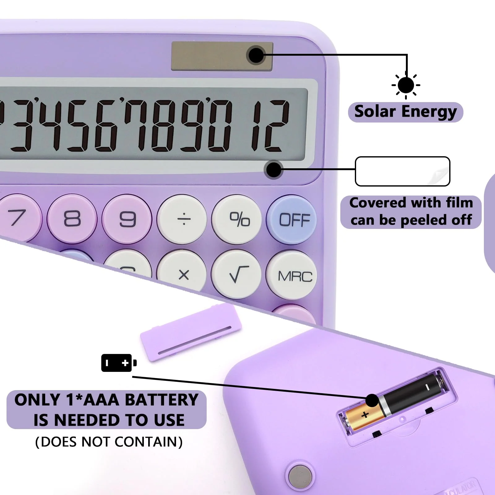 Purple Calculator, UPIHO Standard Calculator 12 Digit with Large LCD Display and Big Buttons,Purple Office Accessories for Women Desk,Cute Calculator for Office,School, Home,Business B-Purple - Image 3