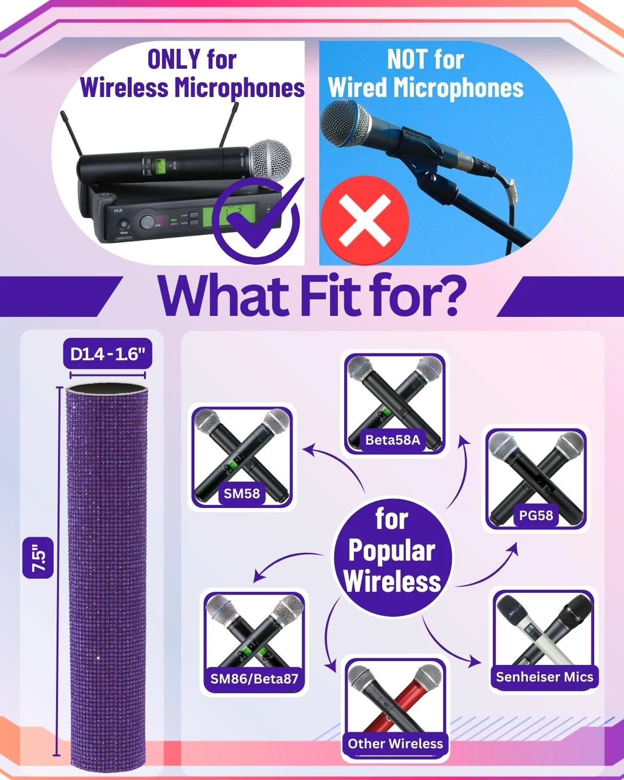 Purple Rhinestones Microphone Sleeve for Wireless Mic Shuer SM58 Beta 58A Handheld Cover Decorative Shine - Image 2