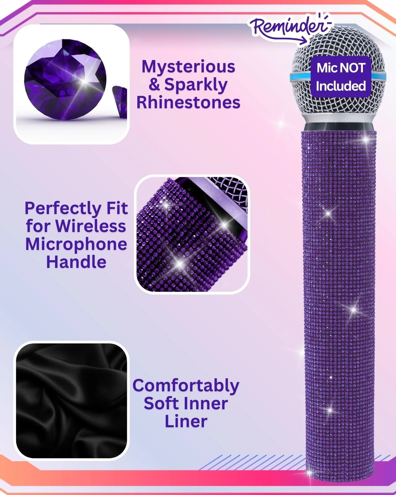 Purple Rhinestones Microphone Sleeve for Wireless Mic Shuer SM58 Beta 58A Handheld Cover Decorative Shine - Image 3