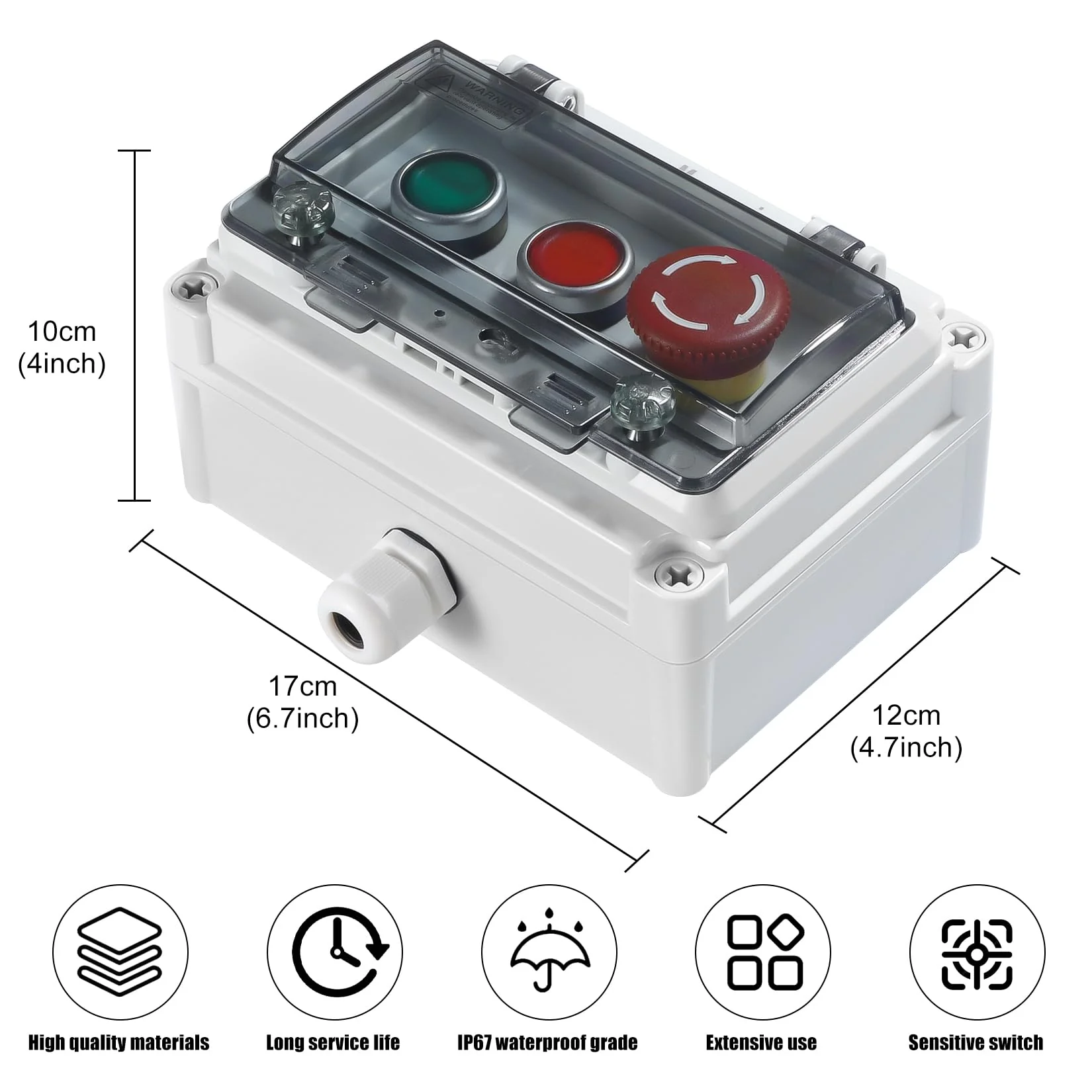 Push Button Station IP67 Outdoor Waterproof Button Switch Box Emergency Stop Button Switch and Instantaneous Button Switch (Green and Red) with Protective Cover Anti-Misoperation Switch - Image 2