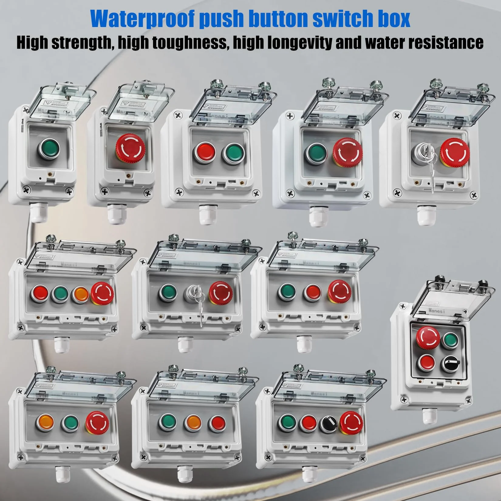 Push Button Station IP67 Outdoor Waterproof Button Switch Box Emergency Stop Button Switch and Instantaneous Button Switch (Green and Red) with Protective Cover Anti-Misoperation Switch - Image 6