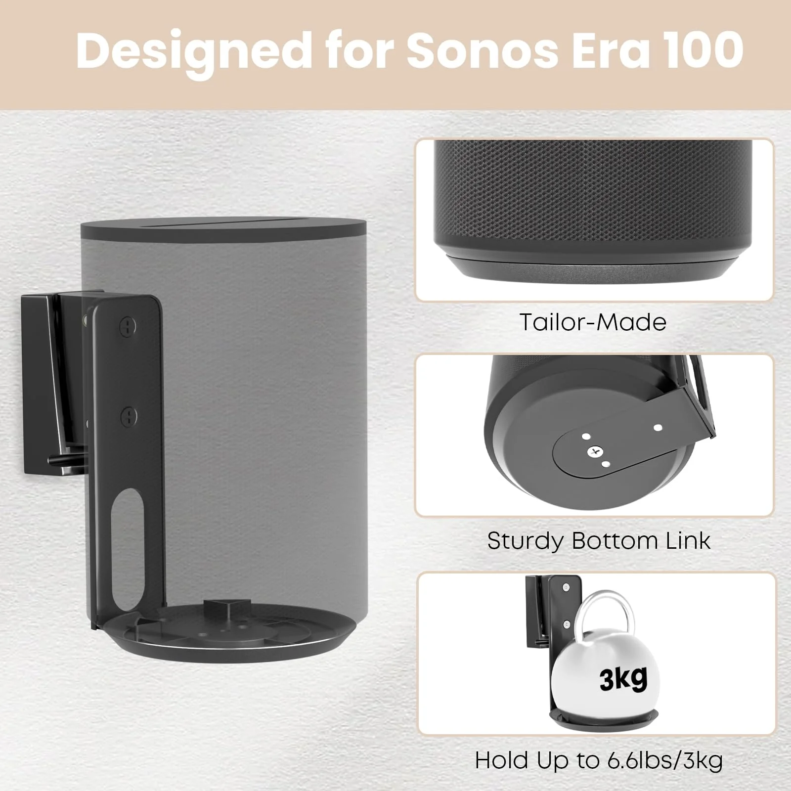 PUTORSEN Speaker Wall Mount for Sonos Era 100,Tilt & Swivel Speaker Shelf Bracket for Better Audio Enjoyment,Cable Management,Hold up to 6.6lbs (1 Pack Black) - Image 2