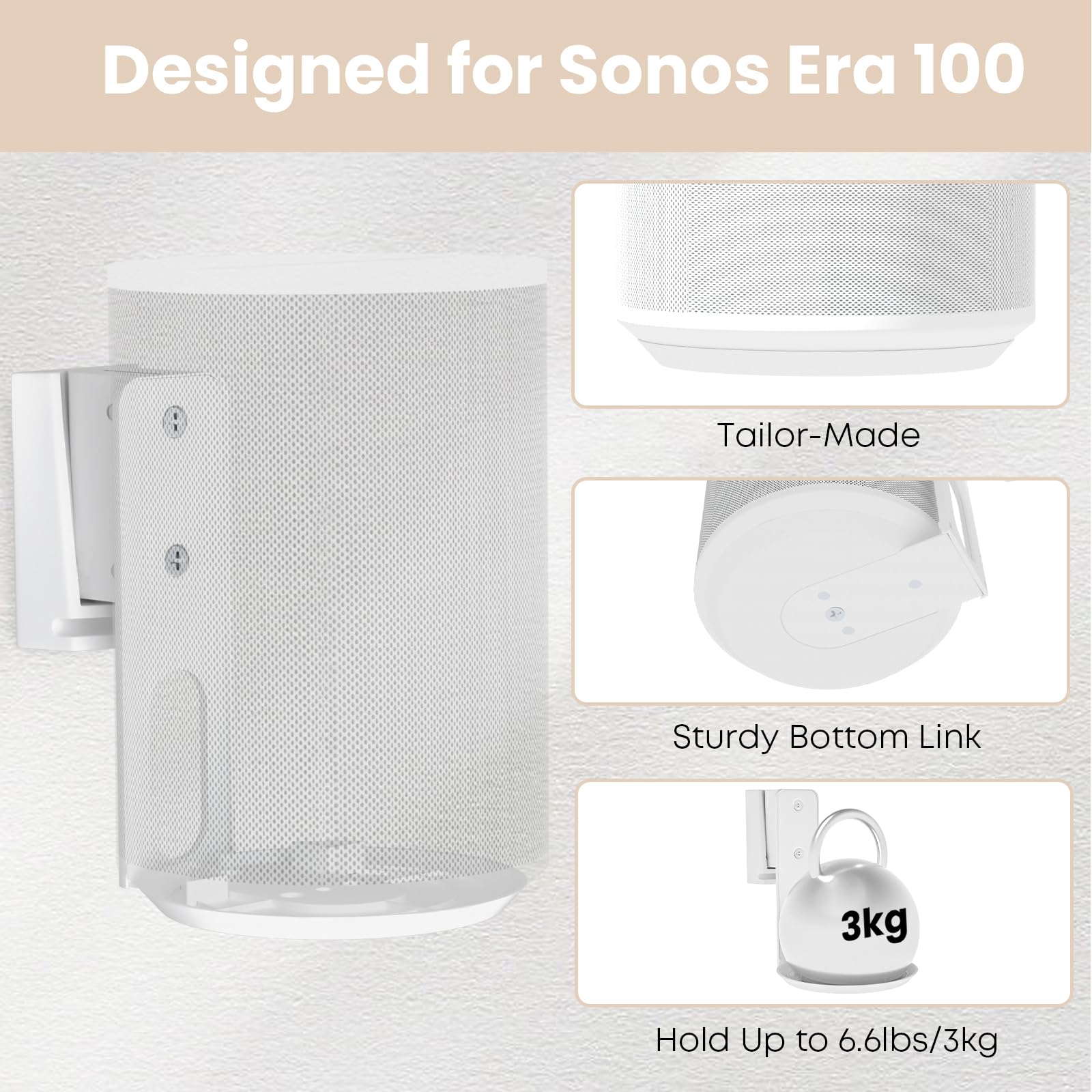 PUTORSEN Speaker Wall Mount for Sonos Era 100,Tilt & Swivel Speaker Shelf Bracket for Better Audio Enjoyment,Cable Management,Hold up to 6.6lbs (1 Pack White) - Image 2