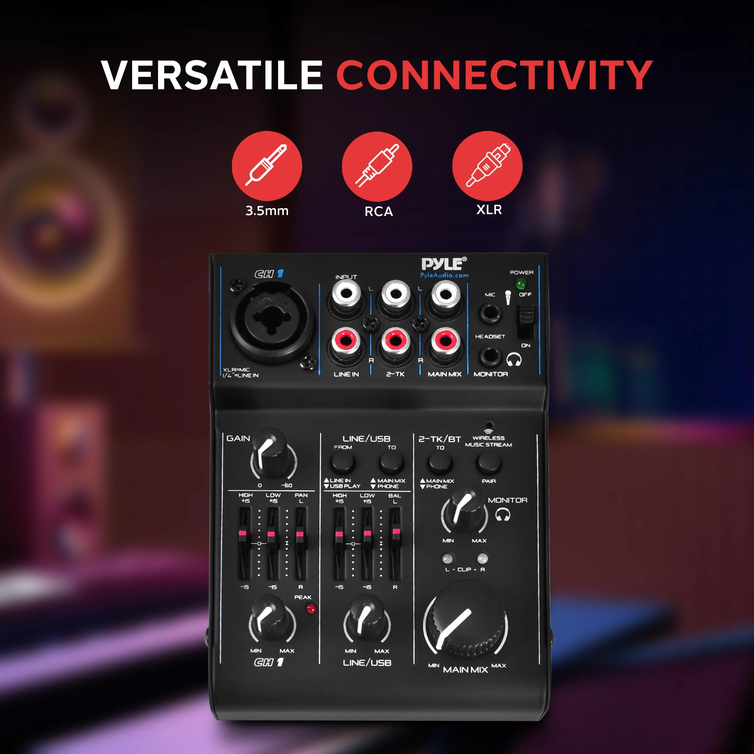 Pyle 3-Channel Bluetooth Audio Mixer – DJ Sound Controller & USB Soundcard Interface for PC Recording, XLR & 3.5mm Mic Input, RCA In/Out, 18V Power – Professional & Beginner DJ Mixer - Image 4
