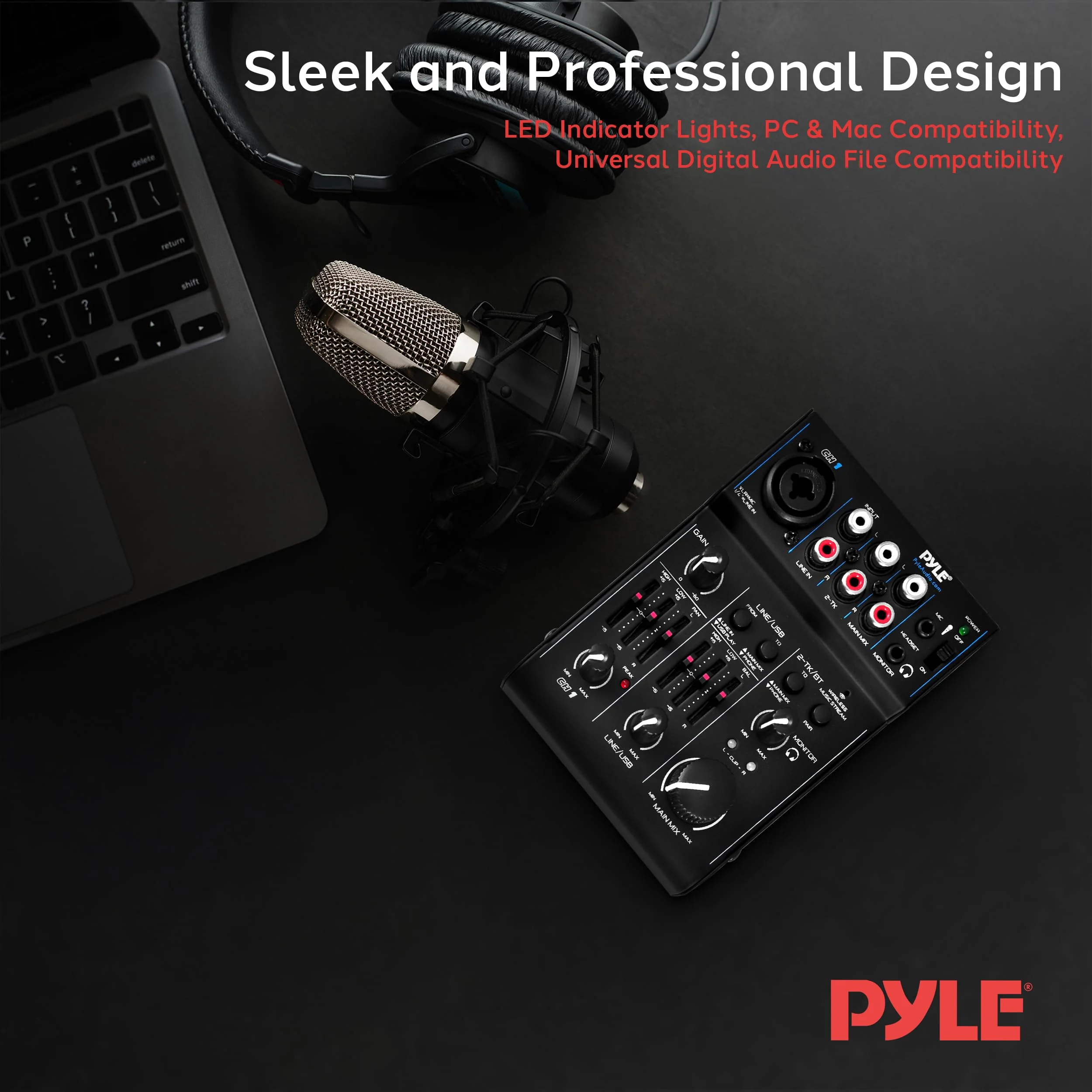 Pyle 3-Channel Bluetooth Audio Mixer – DJ Sound Controller & USB Soundcard Interface for PC Recording, XLR & 3.5mm Mic Input, RCA In/Out, 18V Power – Professional & Beginner DJ Mixer - Image 7