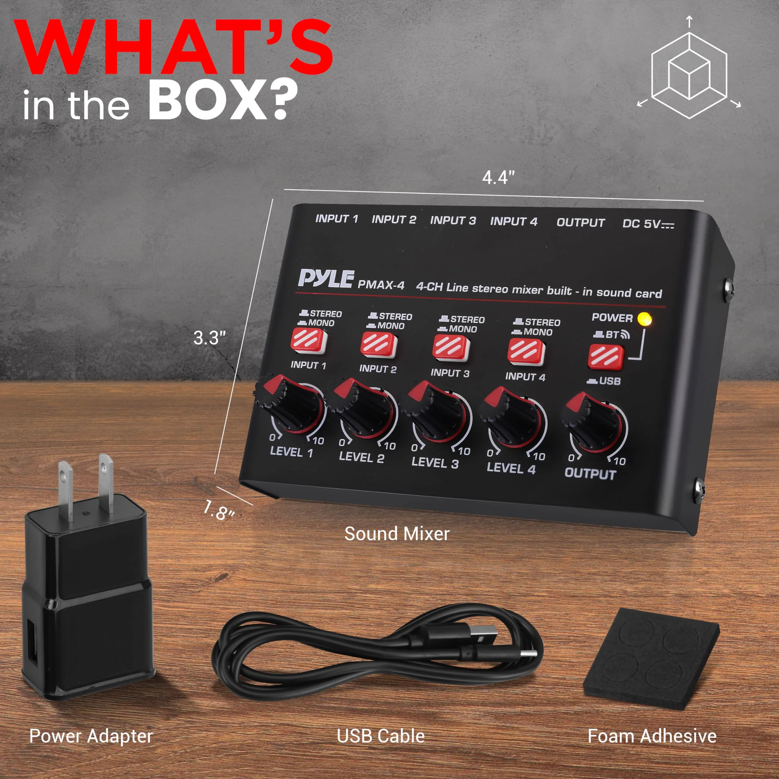 Pyle 4-Channel Wireless Bluetooth 5.0 Line Mixer - USB Audio Interface - 4 Mono/Stereo Inputs - Ultra-Low Noise - High Headroom - Built-in USB-C Sound Card - Compact Metal Chassis - PMAX4 - Image 2