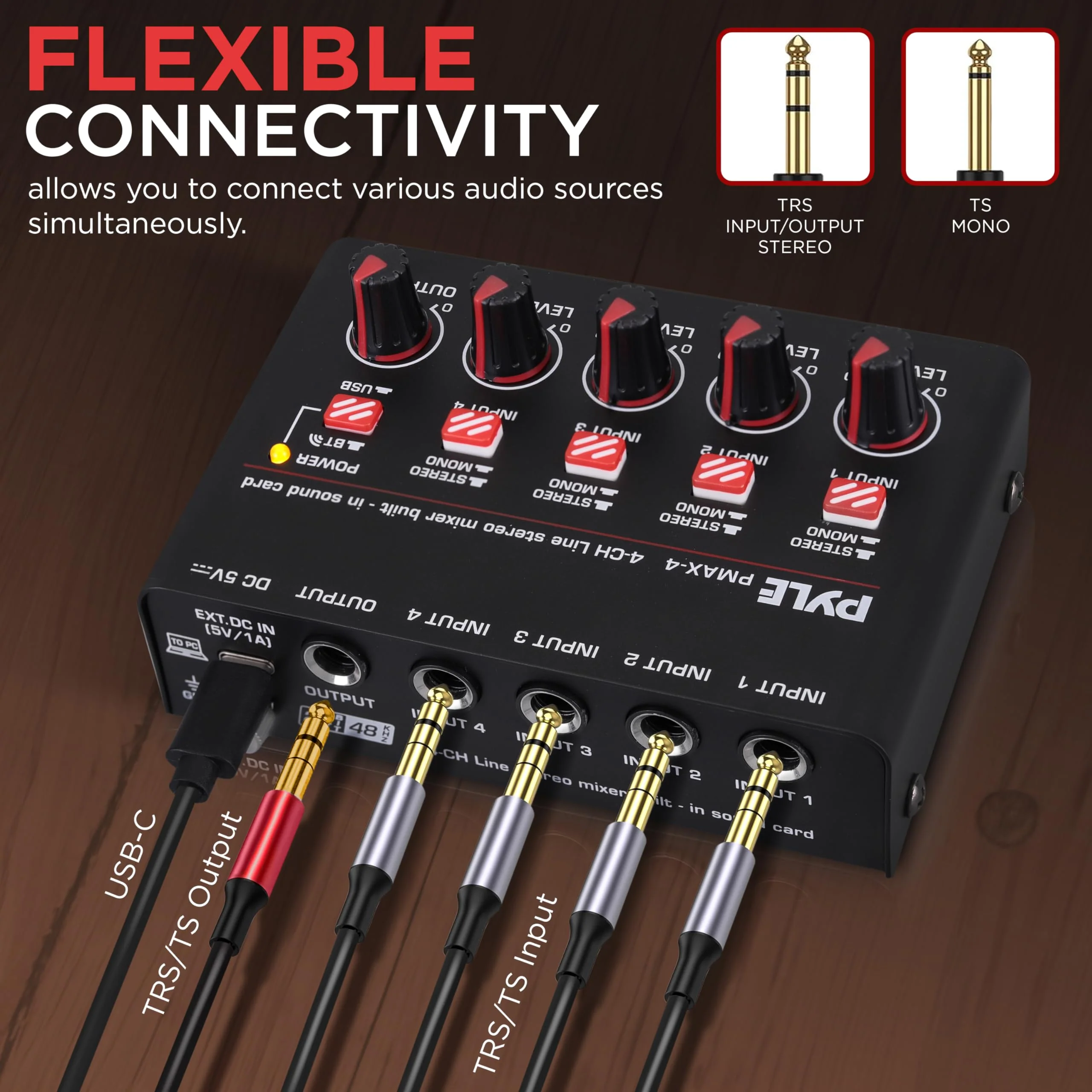 Pyle 4-Channel Wireless Bluetooth 5.0 Line Mixer - USB Audio Interface - 4 Mono/Stereo Inputs - Ultra-Low Noise - High Headroom - Built-in USB-C Sound Card - Compact Metal Chassis - PMAX4 - Image 4