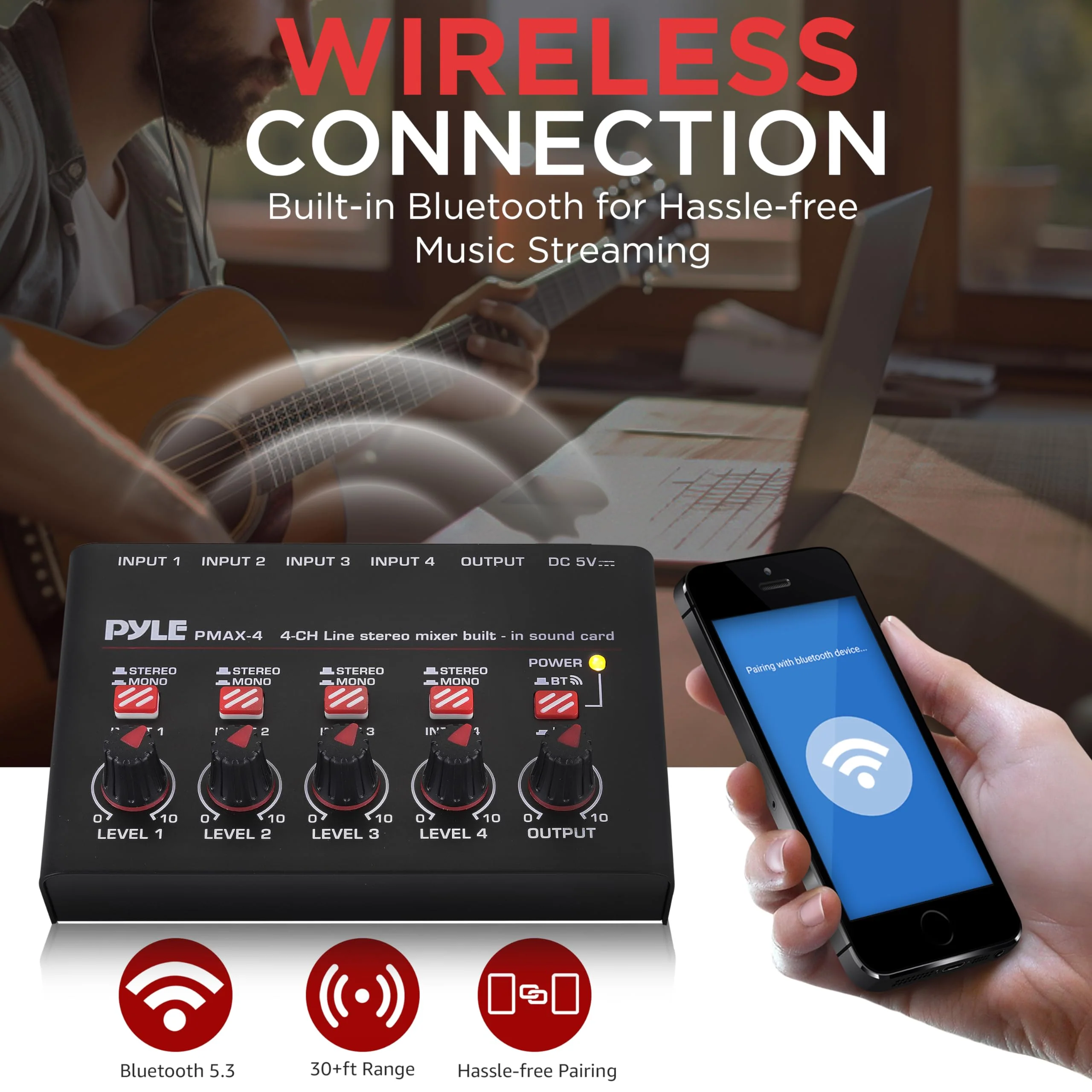 Pyle 4-Channel Wireless Bluetooth 5.0 Line Mixer - USB Audio Interface - 4 Mono/Stereo Inputs - Ultra-Low Noise - High Headroom - Built-in USB-C Sound Card - Compact Metal Chassis - PMAX4 - Image 5