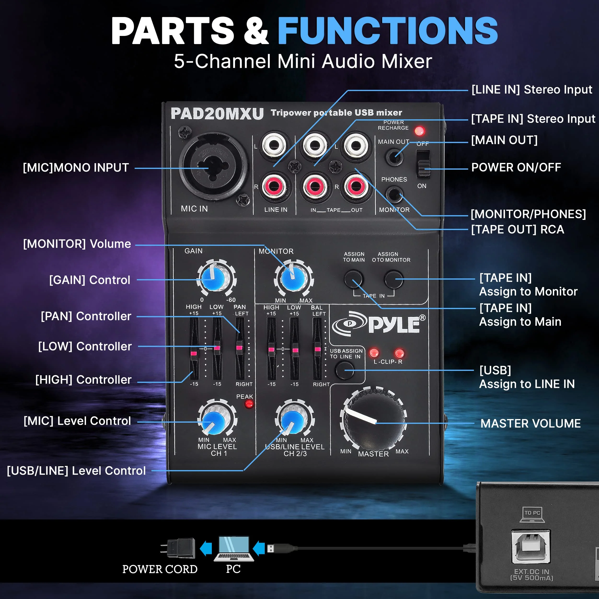 Pyle 5-Channel Professional Audio Mixer DJ Sound Board – Compact Music Mixer with USB Interface, EQ Controls, XLR Mic Input, 18V Phantom Power, Rechargeable Battery – USB/Line/Master Controls - Image 2