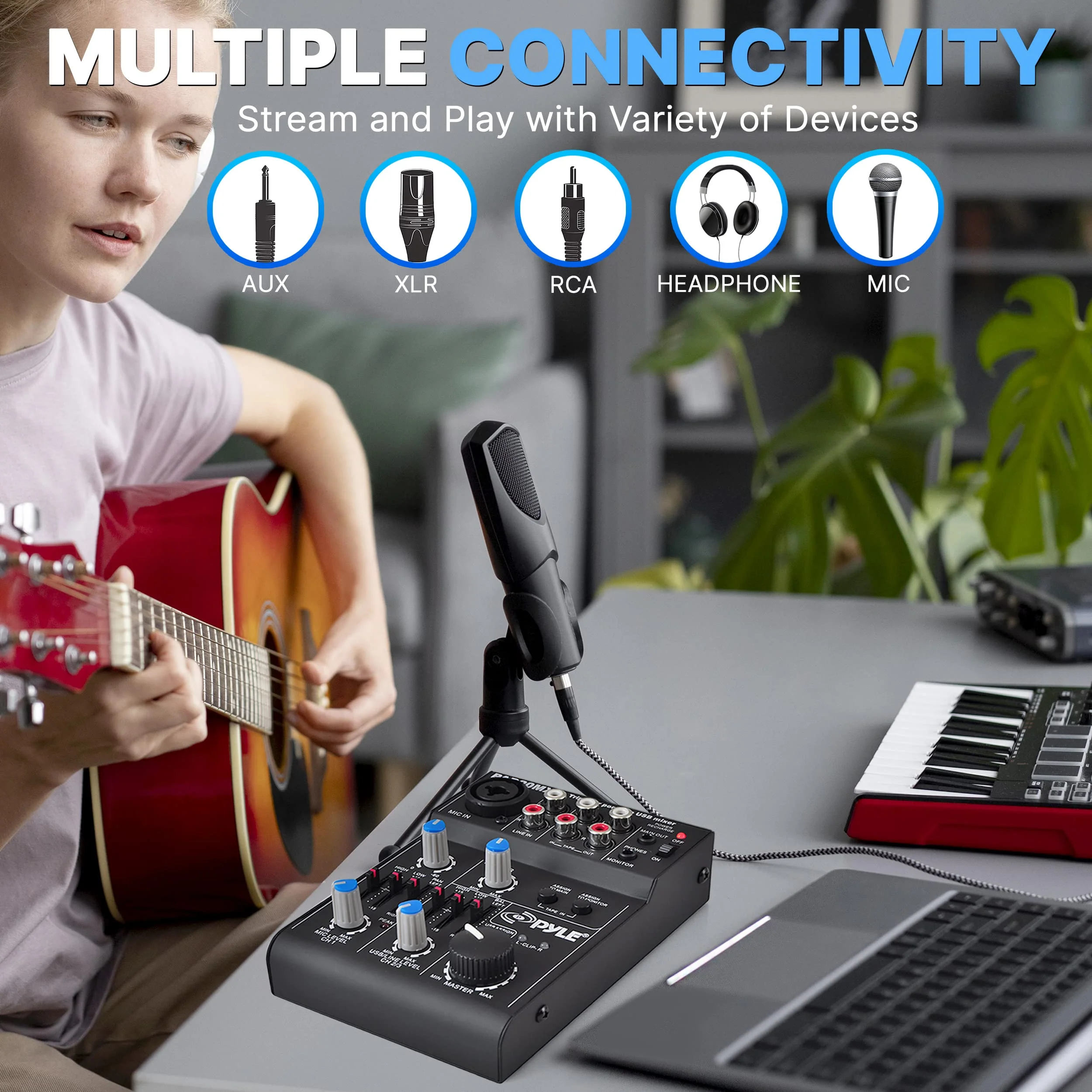 Pyle 5-Channel Professional Audio Mixer DJ Sound Board – Compact Music Mixer with USB Interface, EQ Controls, XLR Mic Input, 18V Phantom Power, Rechargeable Battery – USB/Line/Master Controls - Image 3