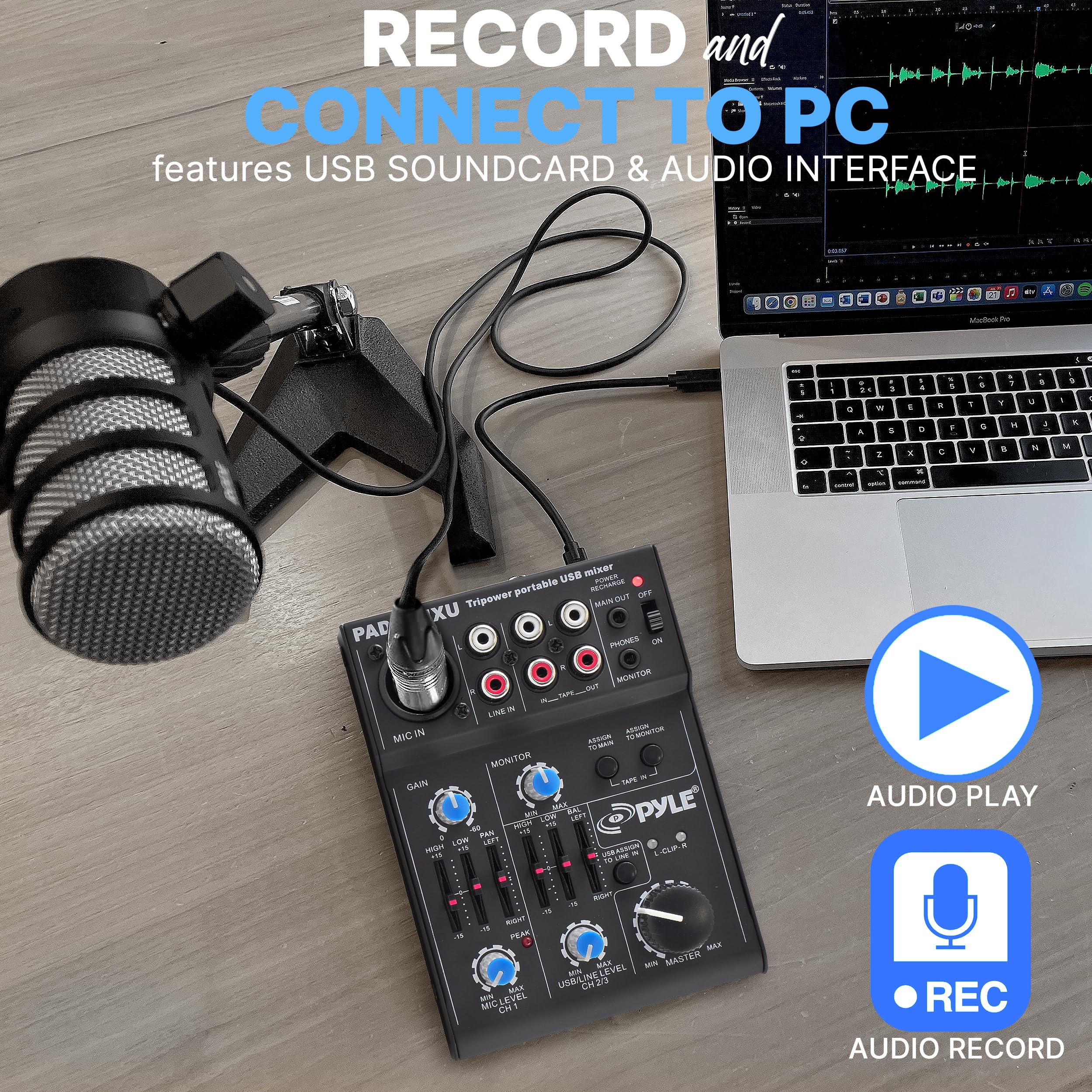 Pyle 5-Channel Professional Audio Mixer DJ Sound Board – Compact Music Mixer with USB Interface, EQ Controls, XLR Mic Input, 18V Phantom Power, Rechargeable Battery – USB/Line/Master Controls - Image 4