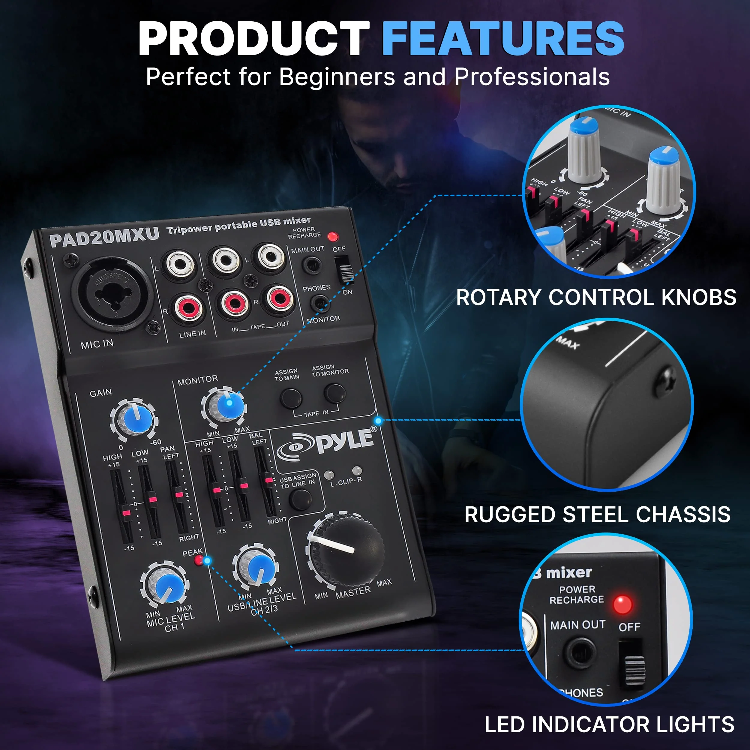 Pyle 5-Channel Professional Audio Mixer DJ Sound Board – Compact Music Mixer with USB Interface, EQ Controls, XLR Mic Input, 18V Phantom Power, Rechargeable Battery – USB/Line/Master Controls - Image 6