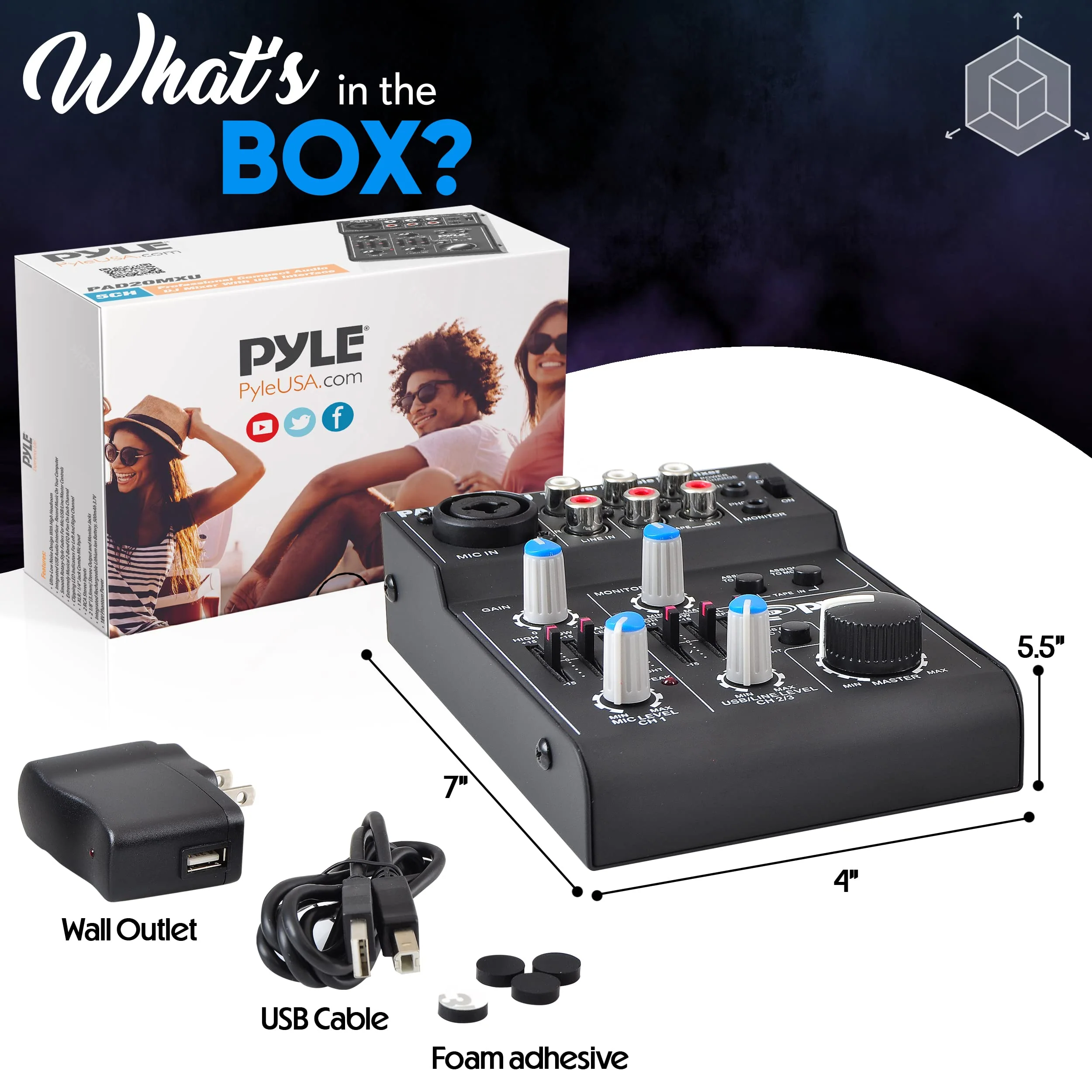 Pyle 5-Channel Professional Audio Mixer DJ Sound Board – Compact Music Mixer with USB Interface, EQ Controls, XLR Mic Input, 18V Phantom Power, Rechargeable Battery – USB/Line/Master Controls - Image 7