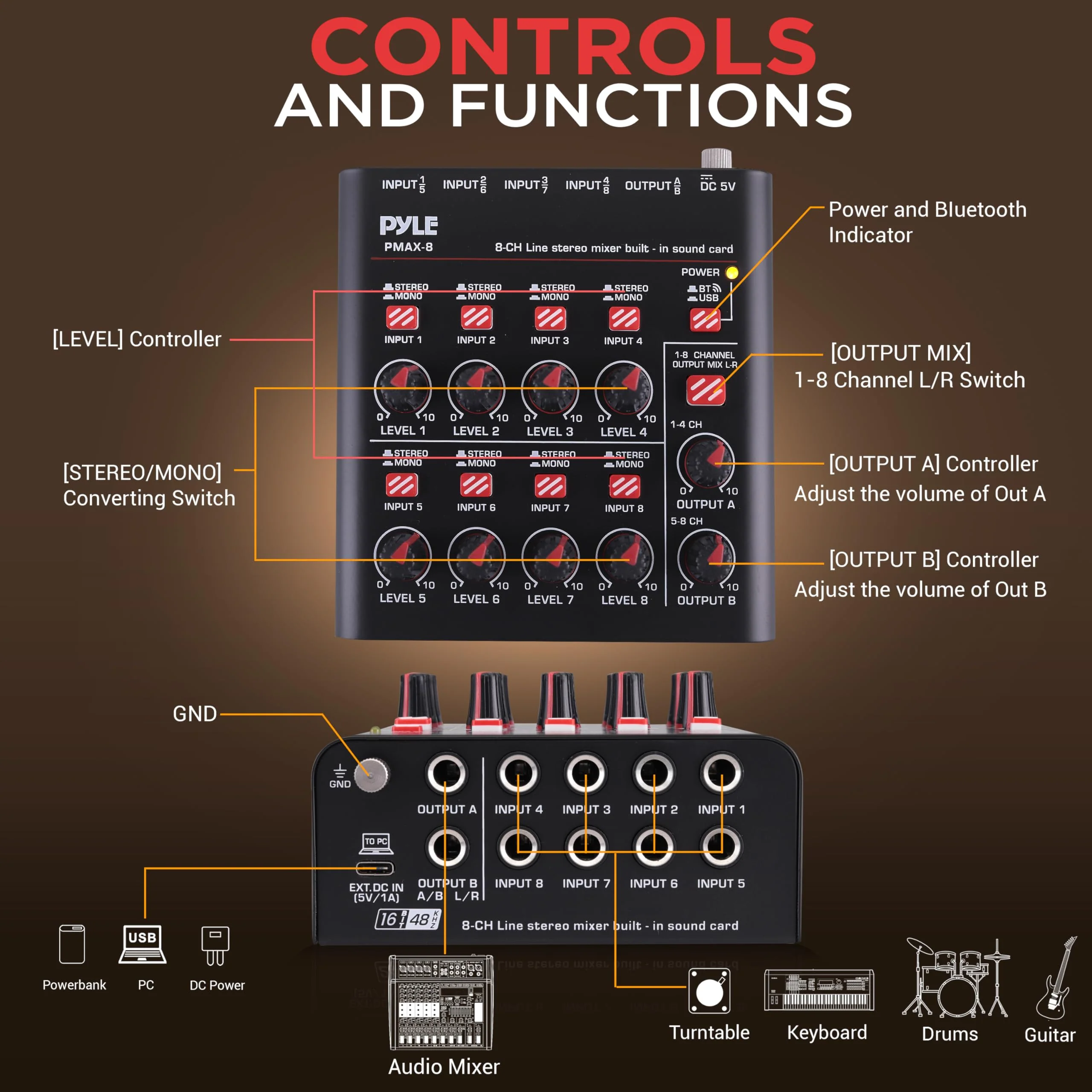 Pyle 8-Channel Wireless BT Streaming Mini Line Mixer with USB Audio Interface - 8 Mono/Stereo Switching Inputs | Ultra-low Noise Design with High Headroom | Built-in USB Sound Card - PMAX8 - Image 2