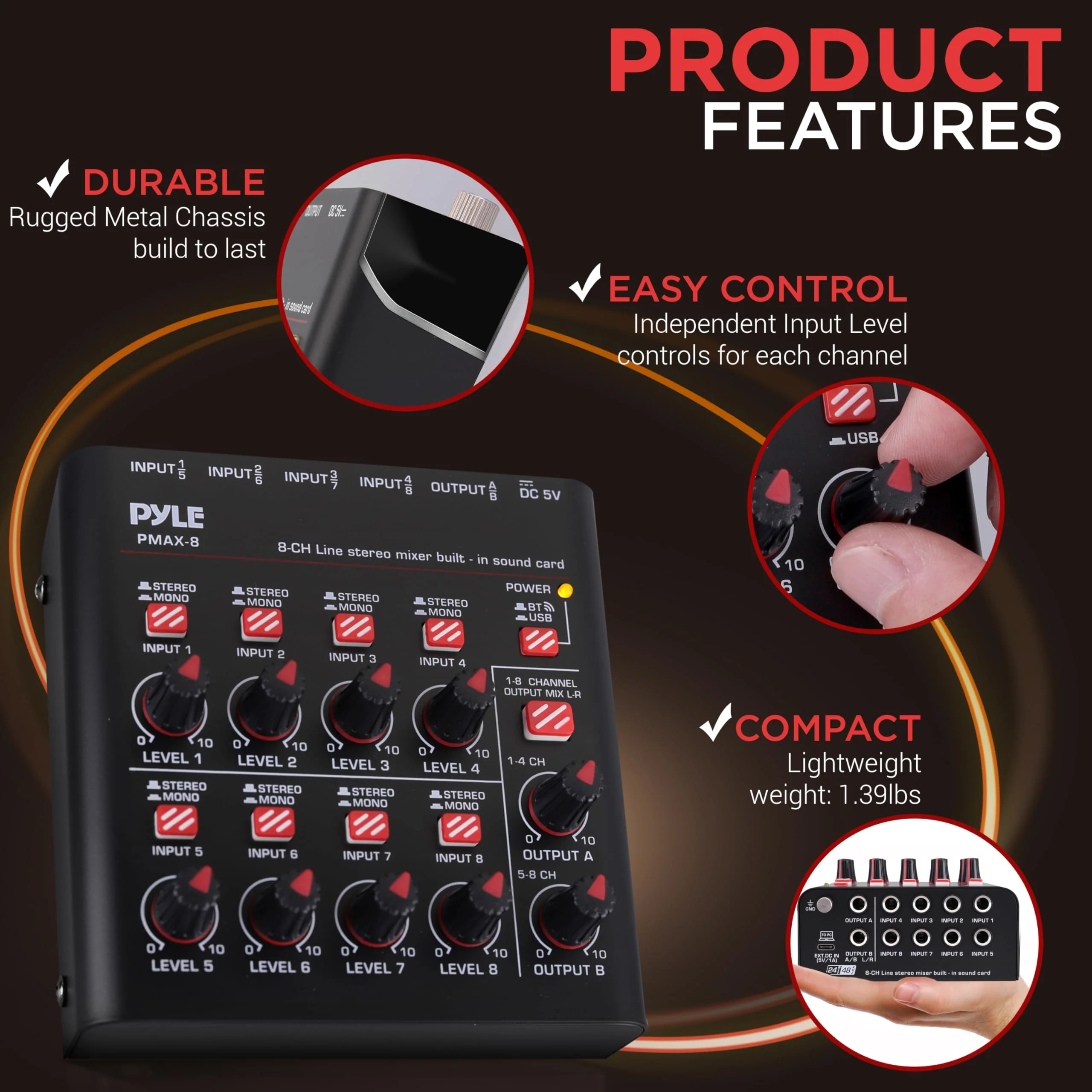 Pyle 8-Channel Wireless BT Streaming Mini Line Mixer with USB Audio Interface - 8 Mono/Stereo Switching Inputs | Ultra-low Noise Design with High Headroom | Built-in USB Sound Card - PMAX8 - Image 4