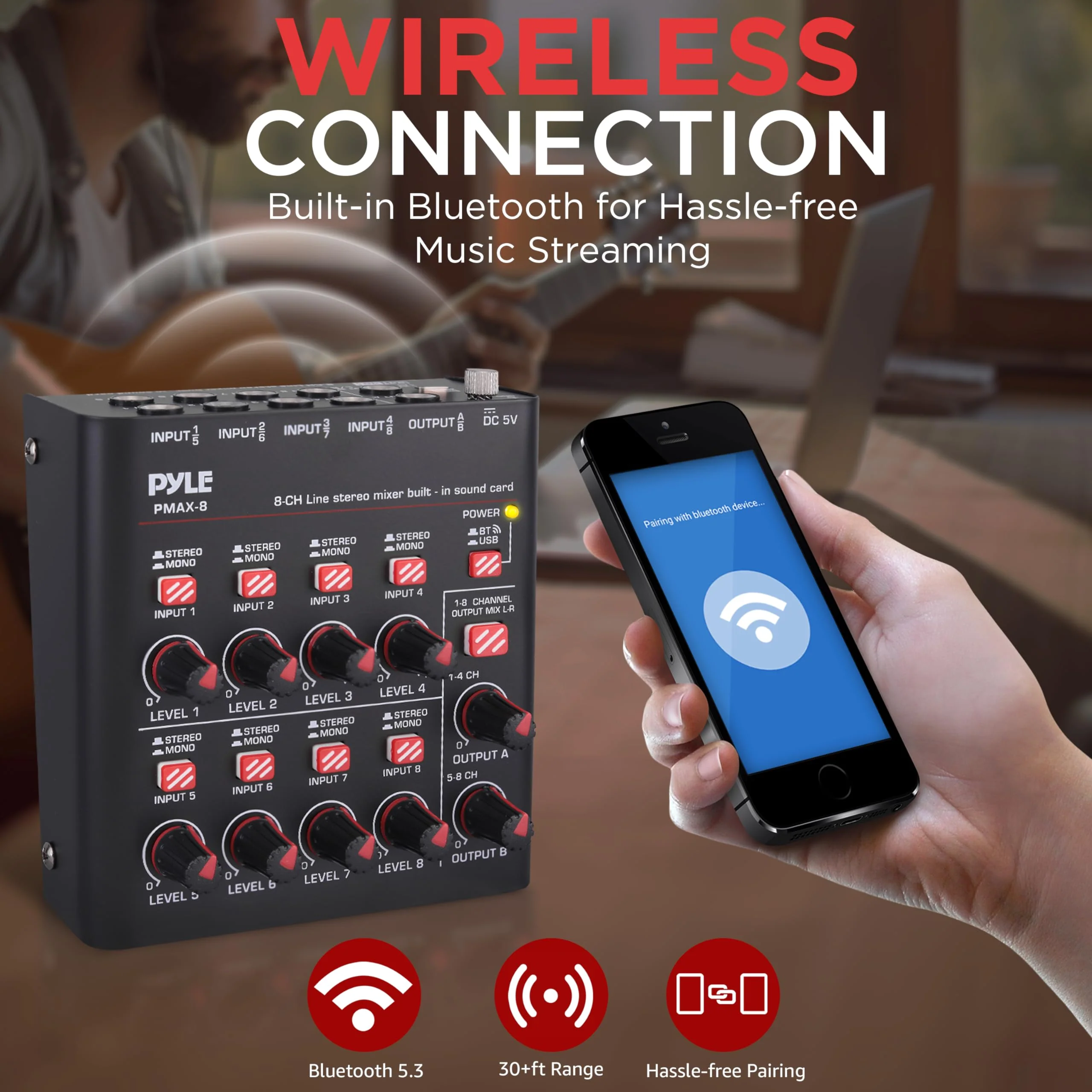 Pyle 8-Channel Wireless BT Streaming Mini Line Mixer with USB Audio Interface - 8 Mono/Stereo Switching Inputs | Ultra-low Noise Design with High Headroom | Built-in USB Sound Card - PMAX8 - Image 5