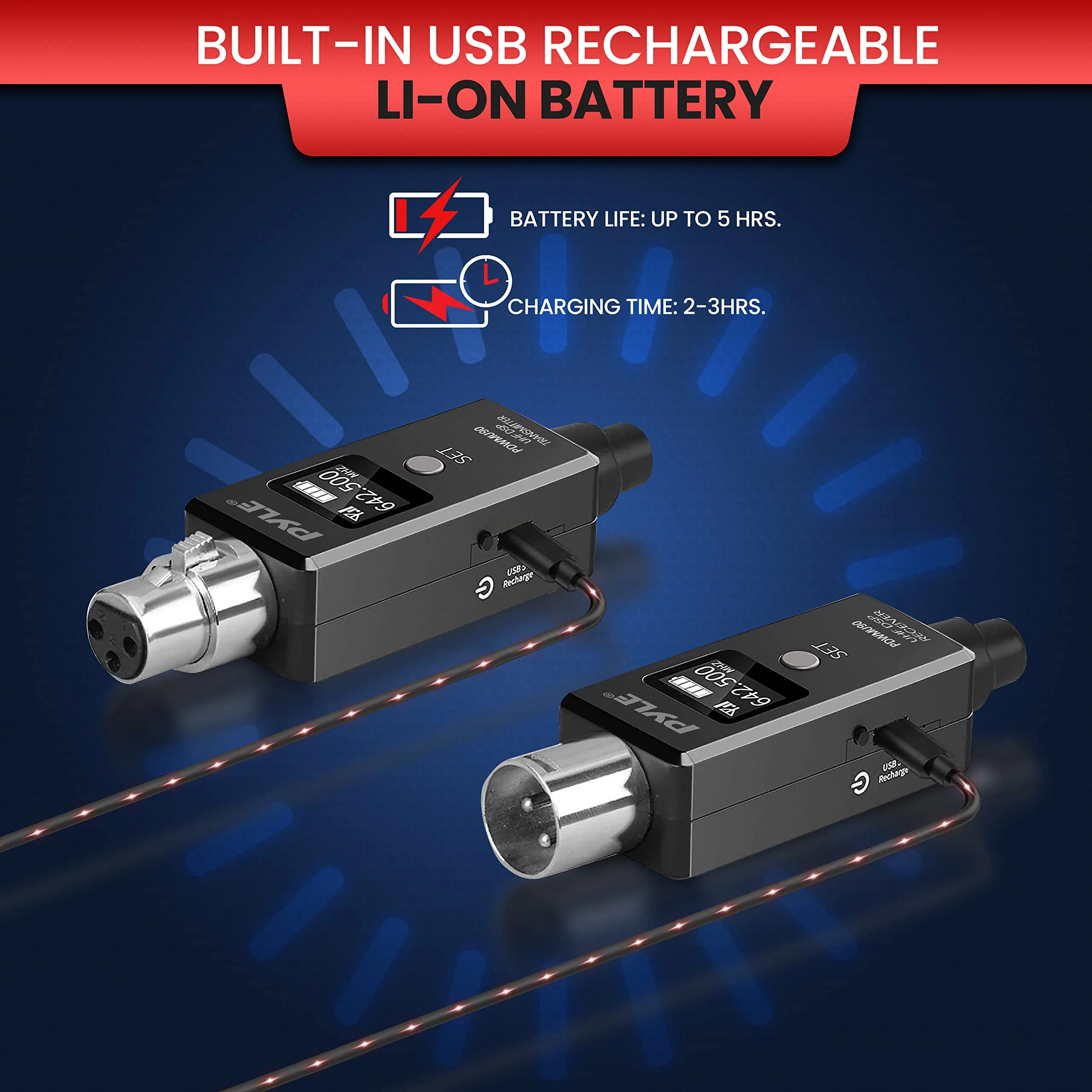 Pyle Multifunctional UHF Wireless XLR Adapter System,Transmitter And Receiver For Dynamic Microphones And Music Sources,48k Frequency Signal Transmission,USB Recharge Capable,90 Feet Range,Dark Gray Sound And Recording Equipment - Image 3