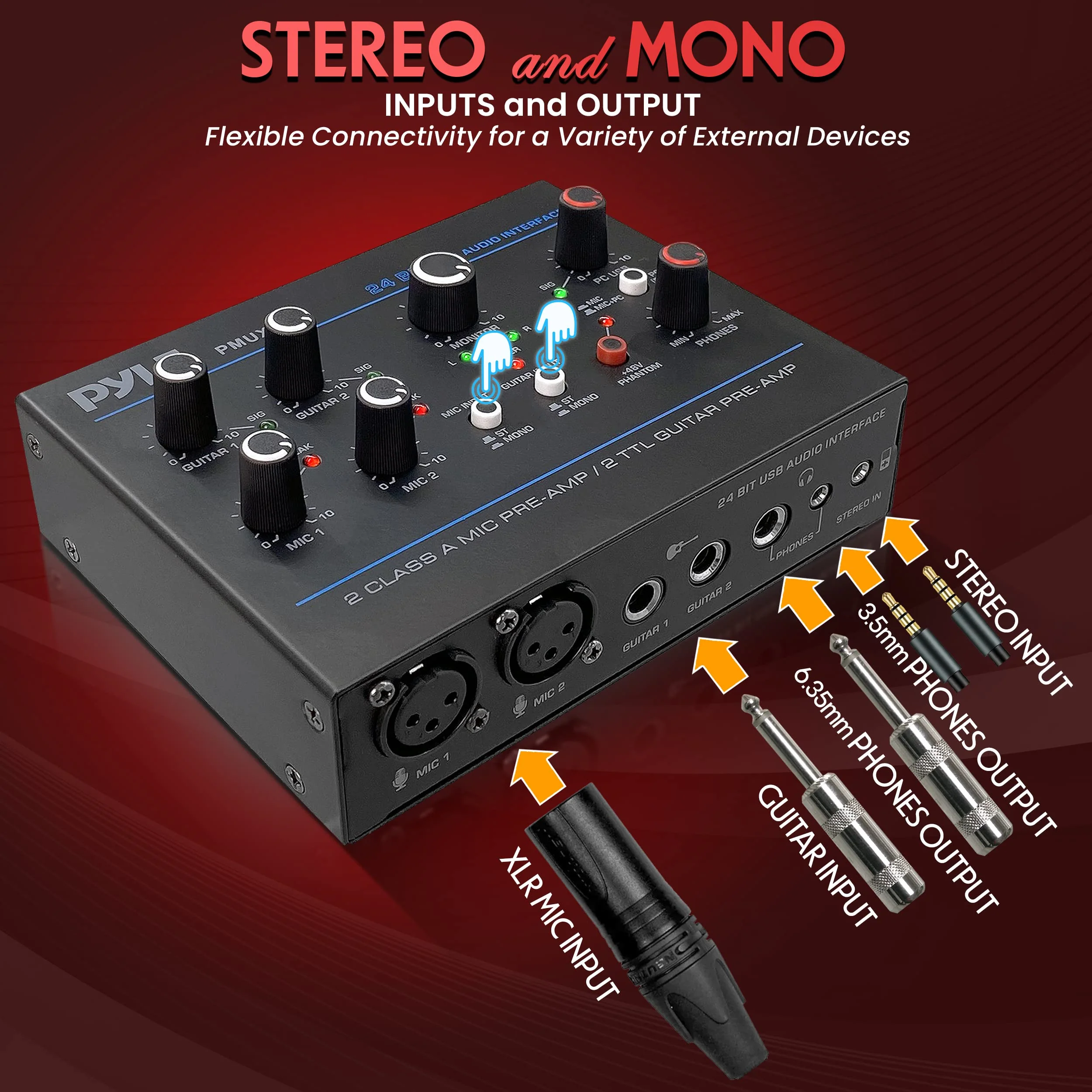 Pyle Professional USB Audio Interface with MIC, Guitar, AUX Stereo Inputs, Phone/Monitor Outputs, Ideal for Computer Playing & Recording, Compact Rugged Metal Housing - PMUX6 Interface Basic - Image 3