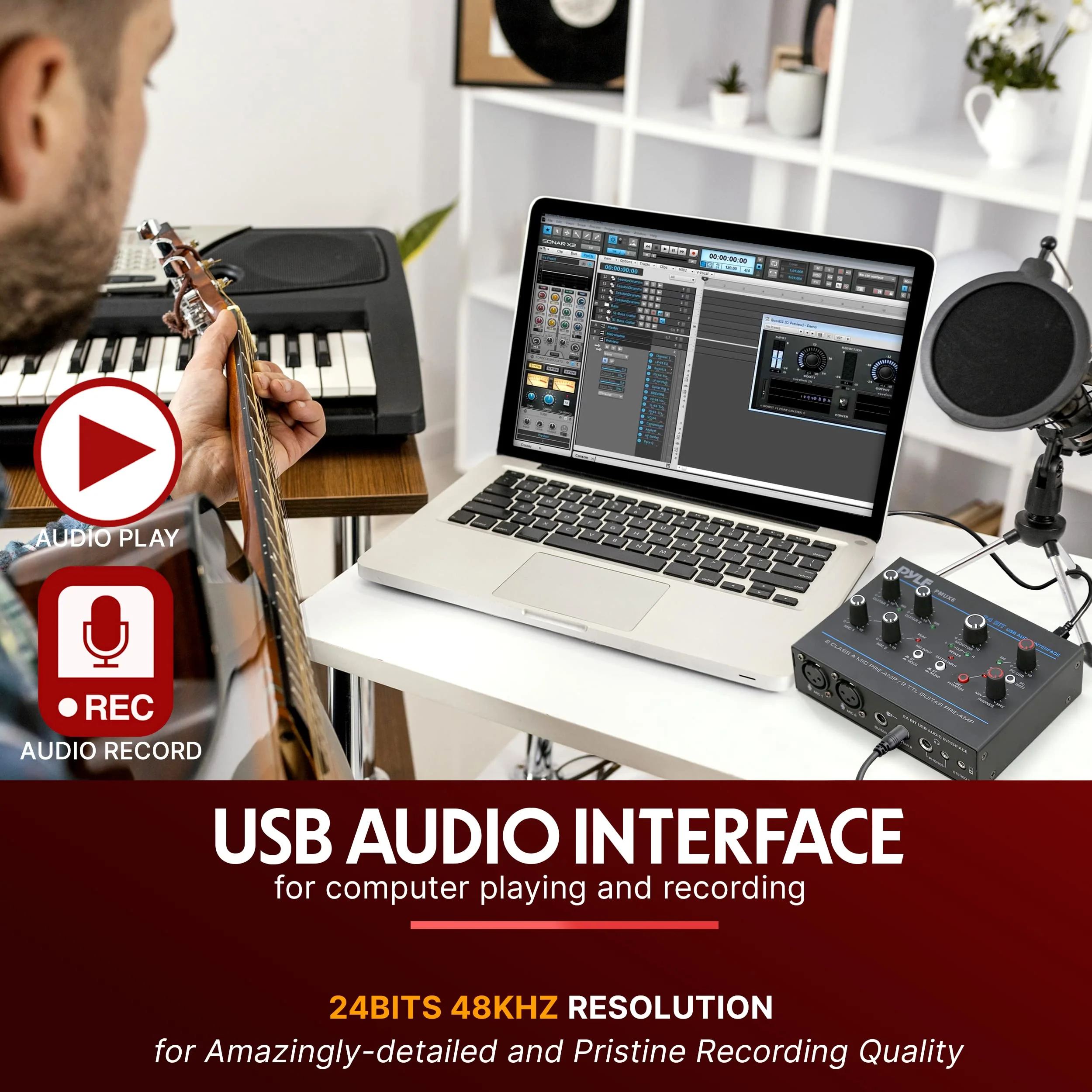 Pyle Professional USB Audio Interface with MIC, Guitar, AUX Stereo Inputs, Phone/Monitor Outputs, Ideal for Computer Playing & Recording, Compact Rugged Metal Housing - PMUX6 Interface Basic - Image 4