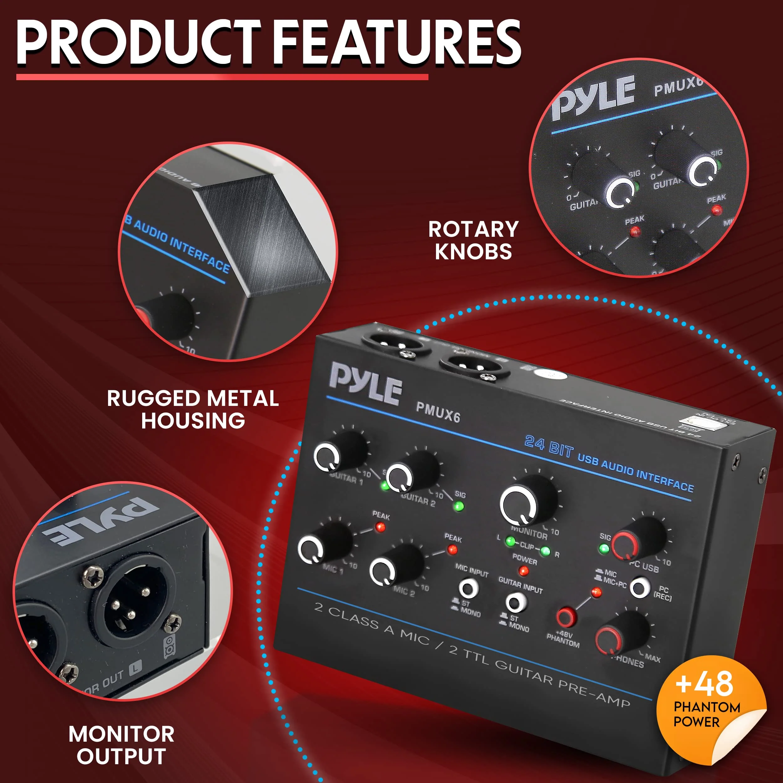 Pyle Professional USB Audio Interface with MIC, Guitar, AUX Stereo Inputs, Phone/Monitor Outputs, Ideal for Computer Playing & Recording, Compact Rugged Metal Housing - PMUX6 Interface Basic - Image 6