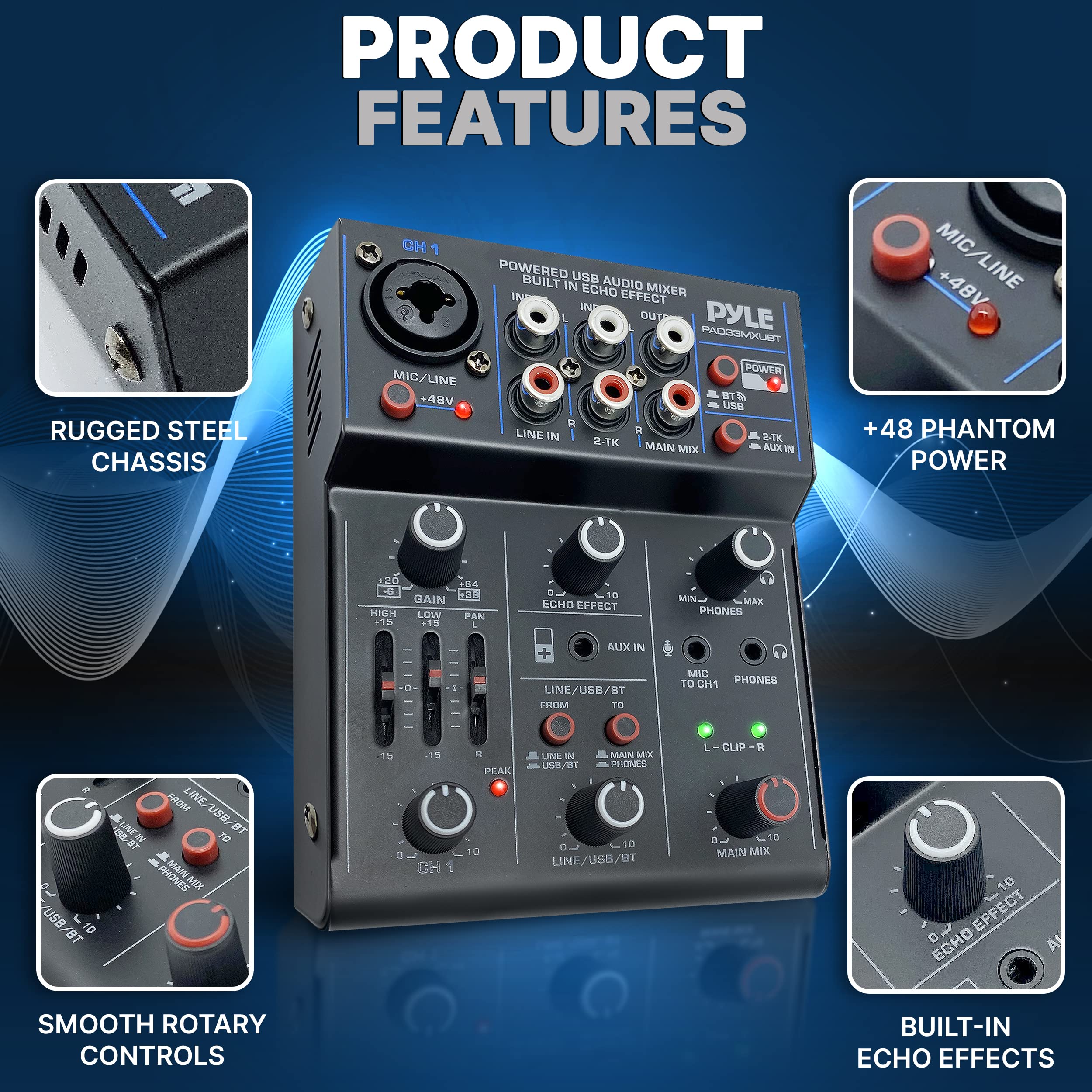 Pyle Professional Wireless DJ Audio Mixer- 3-Channel Bluetooth DJ Controller Sound Mixer w/USB Audio Interface, Combo Jack XLR+6.35mm Mic/Line/Guitar In, 3.5mm, RCA, AUX, Headphone Jack- PAD33MXUBT.5 - Image 6