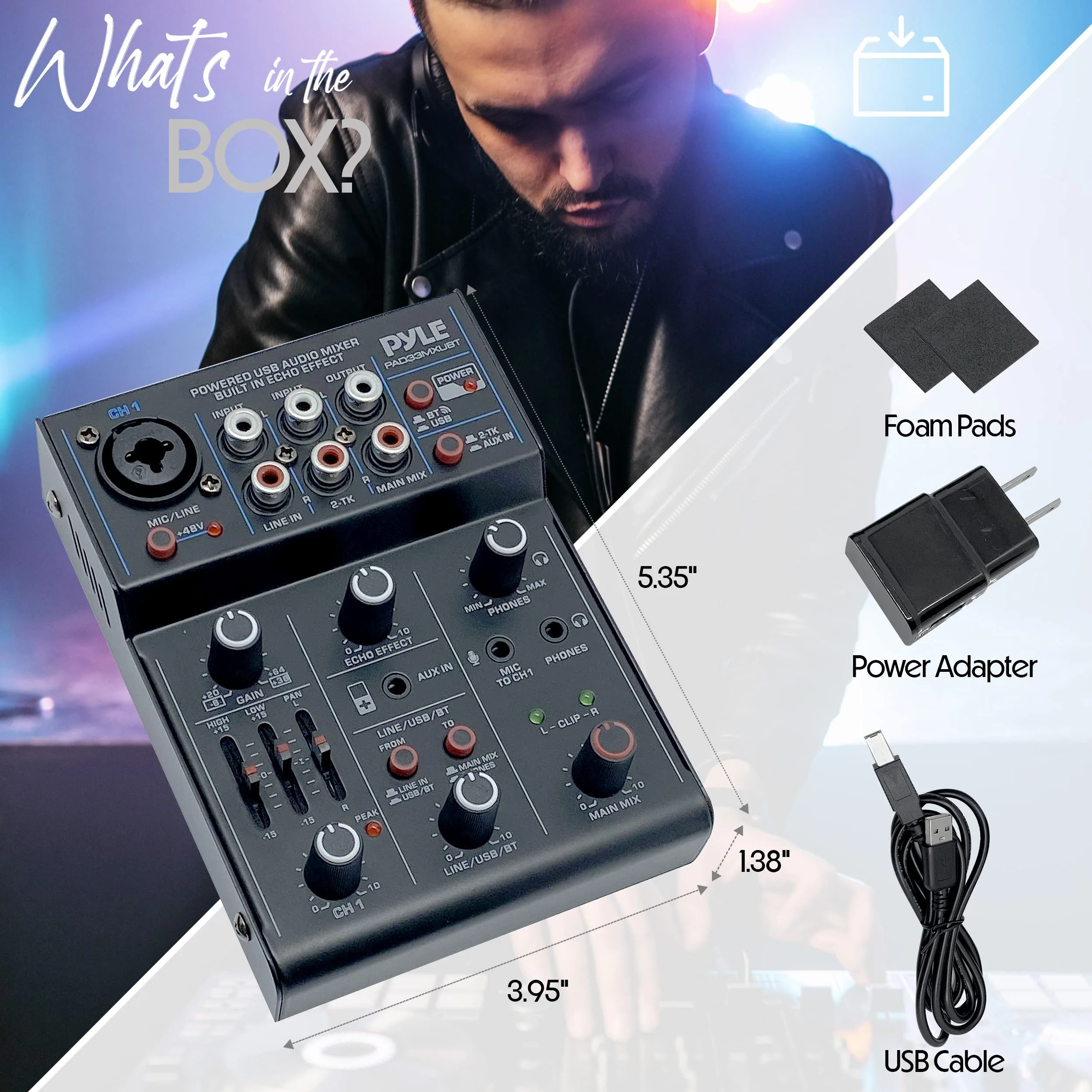 Pyle Professional Wireless DJ Audio Mixer- 3-Channel Bluetooth DJ Controller Sound Mixer w/USB Audio Interface, Combo Jack XLR+6.35mm Mic/Line/Guitar In, 3.5mm, RCA, AUX, Headphone Jack- PAD33MXUBT.5 - Image 7