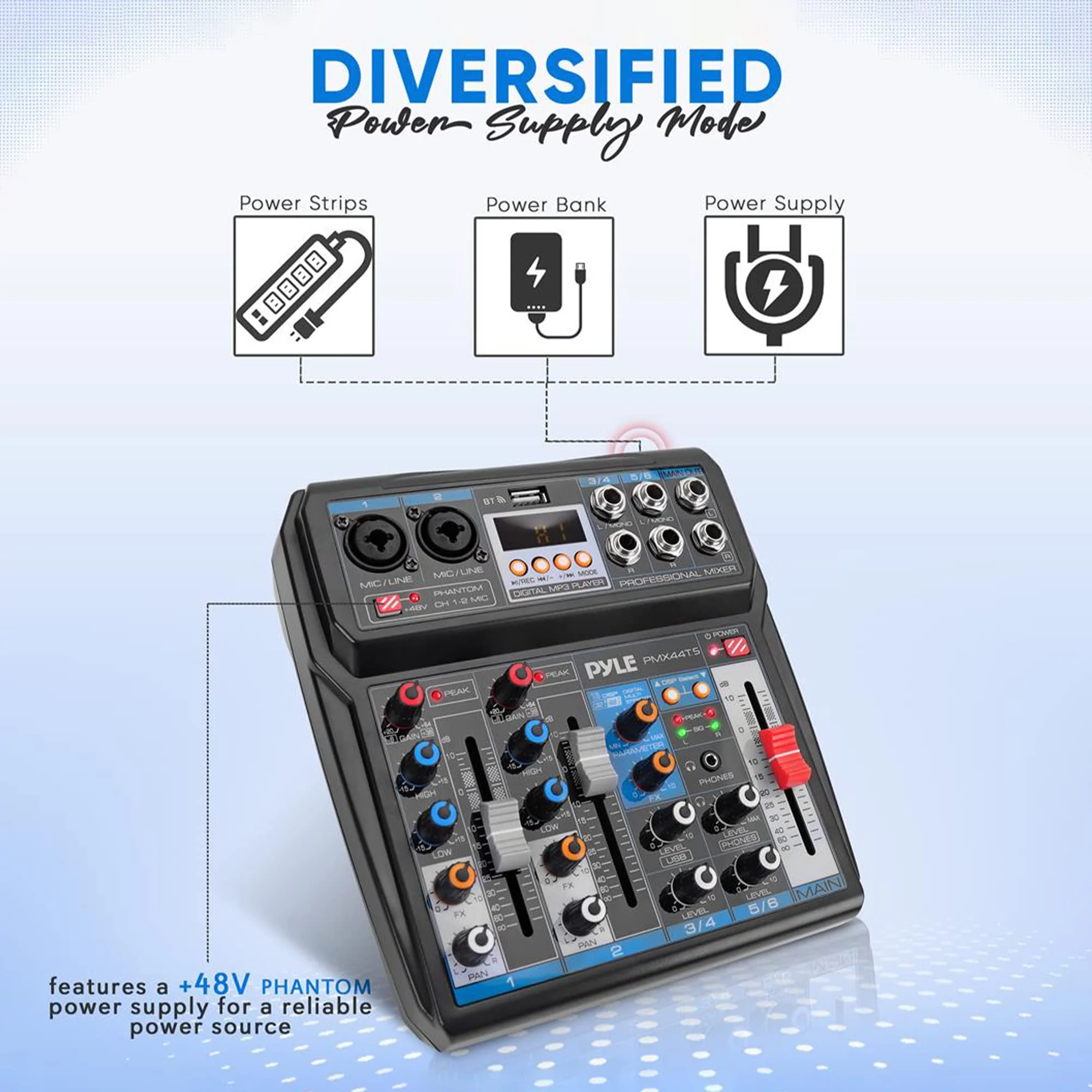Pyle Professional Wireless DJ Audio Mixer - 6-Channel Bluetooth Compatible DJ Controller Sound Mixer w/ DSP Effects, USB Audio Interface, Dual RCA In, XLR/1/4" Microphone In, Headphone Jack- PMX44T.5 - Image 3