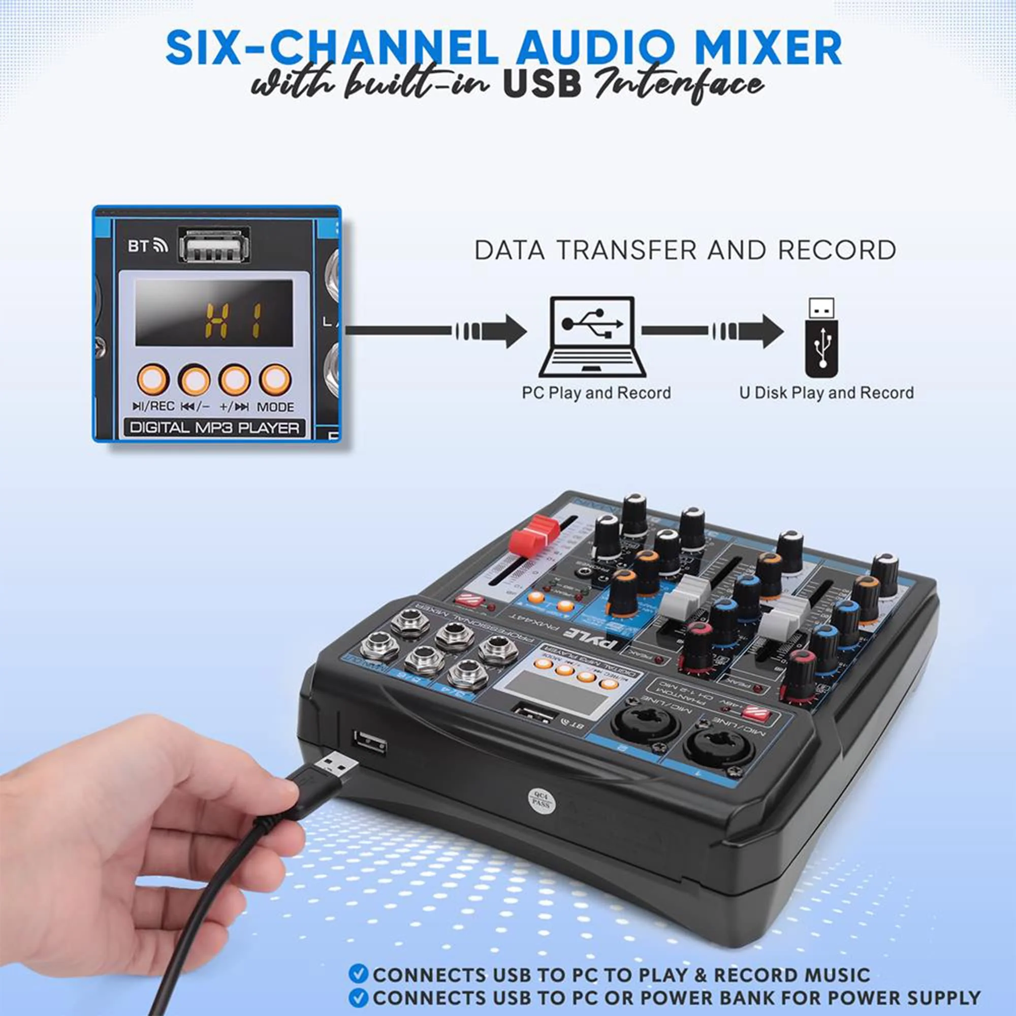 Pyle Professional Wireless DJ Audio Mixer - 6-Channel Bluetooth Compatible DJ Controller Sound Mixer w/ DSP Effects, USB Audio Interface, Dual RCA In, XLR/1/4" Microphone In, Headphone Jack- PMX44T.5 - Image 4