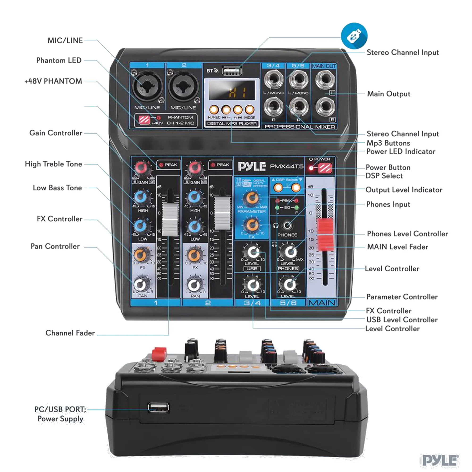 Pyle Professional Wireless DJ Audio Mixer - 6-Channel Bluetooth Compatible DJ Controller Sound Mixer w/ DSP Effects, USB Audio Interface, Dual RCA In, XLR/1/4" Microphone In, Headphone Jack- PMX44T.5 - Image 5