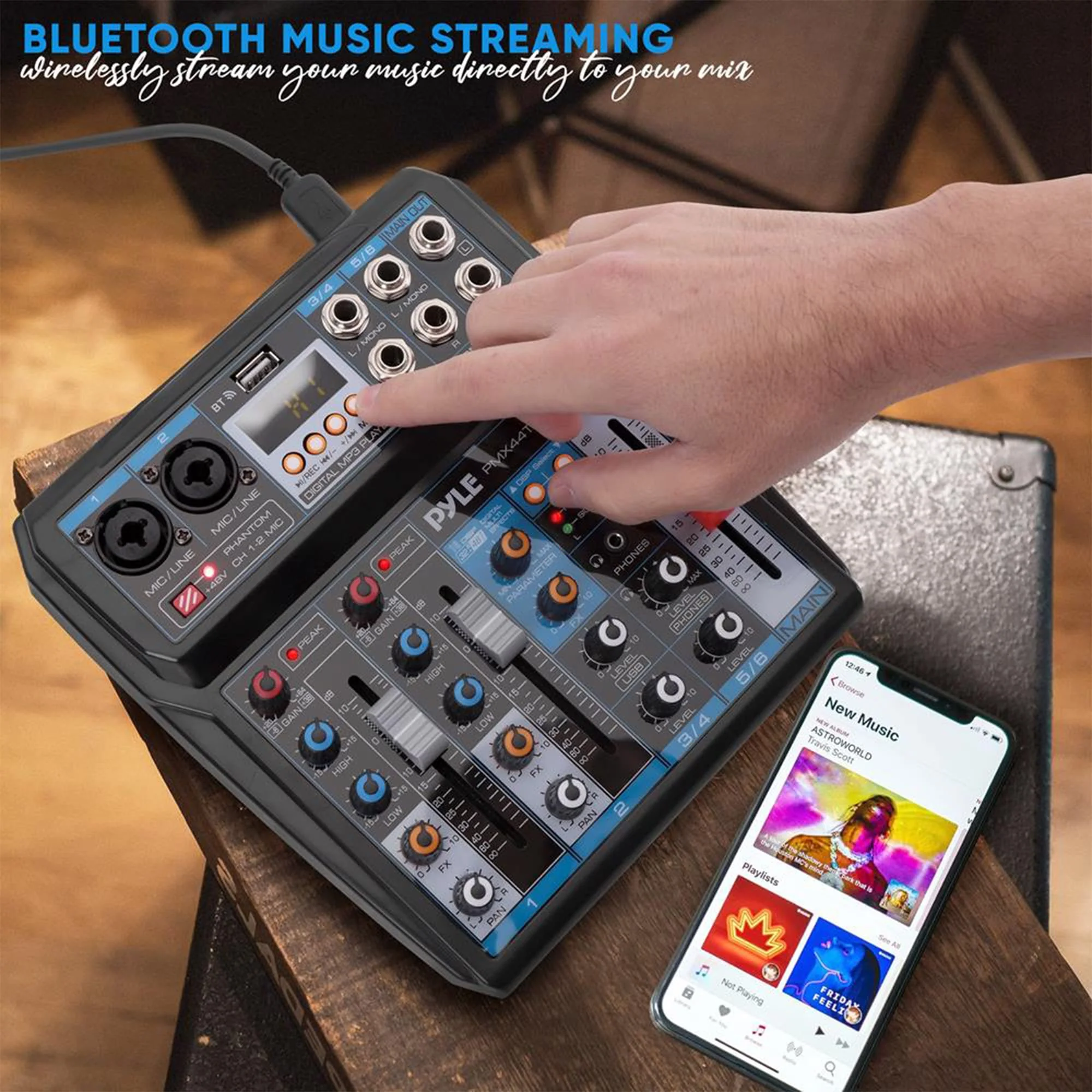 Pyle Professional Wireless DJ Audio Mixer - 6-Channel Bluetooth Compatible DJ Controller Sound Mixer w/ DSP Effects, USB Audio Interface, Dual RCA In, XLR/1/4" Microphone In, Headphone Jack- PMX44T.5 - Image 6