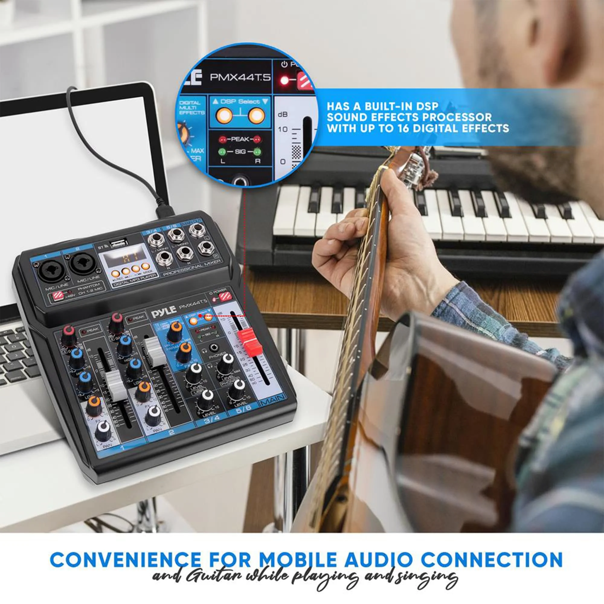Pyle Professional Wireless DJ Audio Mixer - 6-Channel Bluetooth Compatible DJ Controller Sound Mixer w/ DSP Effects, USB Audio Interface, Dual RCA In, XLR/1/4" Microphone In, Headphone Jack- PMX44T.5 - Image 7