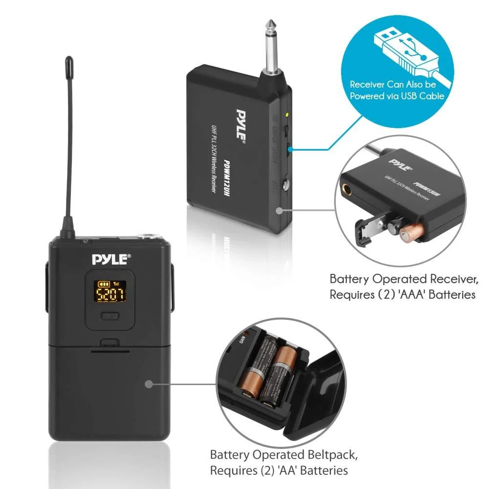 Pyle UHF 32-Channels Wireless Microphone - System Set with Headset & Lavalier Lapel Microphones, Beltpack Transmitter, Clip on Lavalier Mic & Receiver - Perfect for Karaoke & Conference - PDWM12UH - Image 2